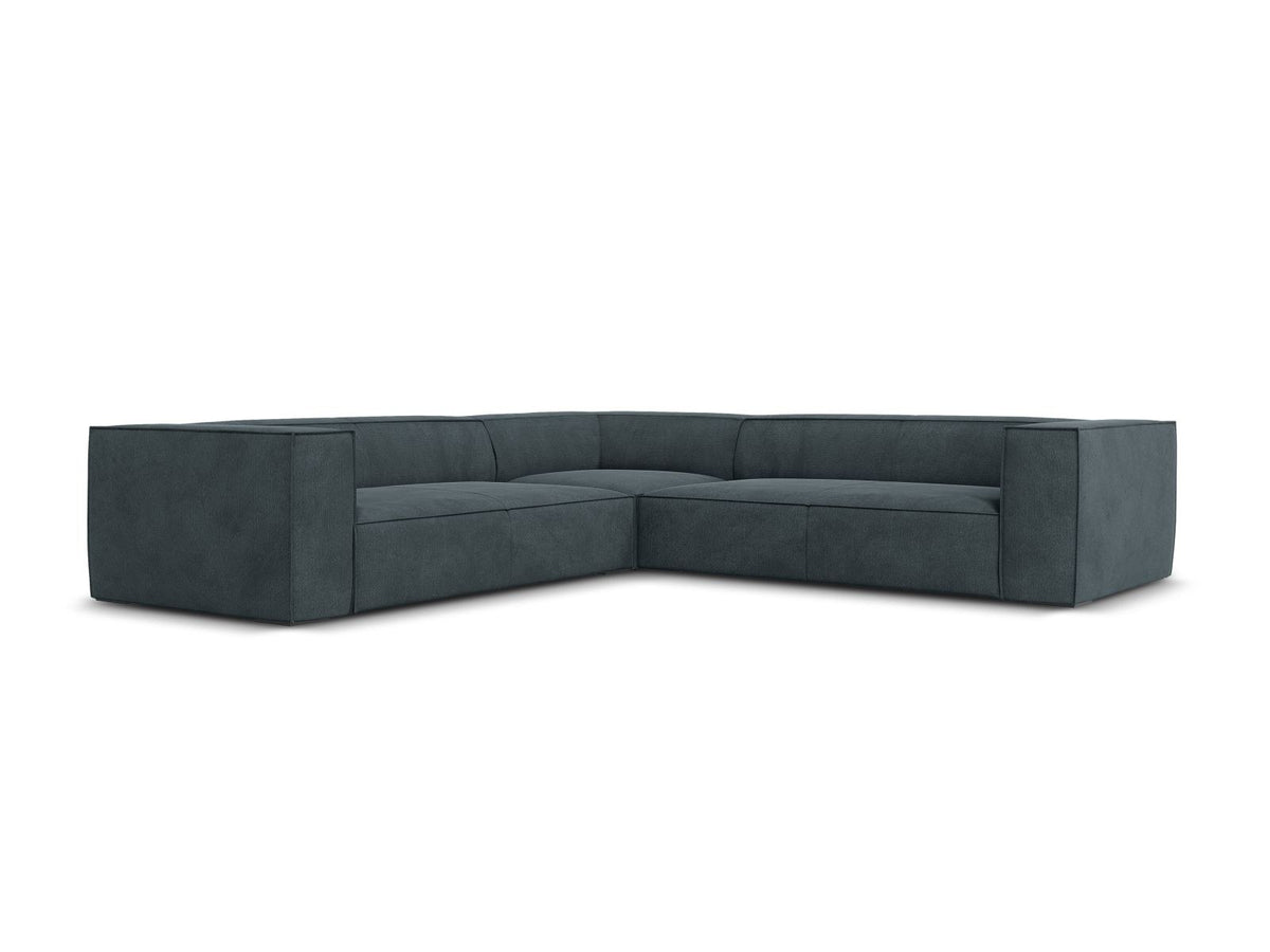Symmetrisches Ecksofa Turin in Light Beige-Rosario mit Chenille-Bezug, Massivholzrahmen und Beinen aus schwarzem Buchenholz, 280 cm breit.