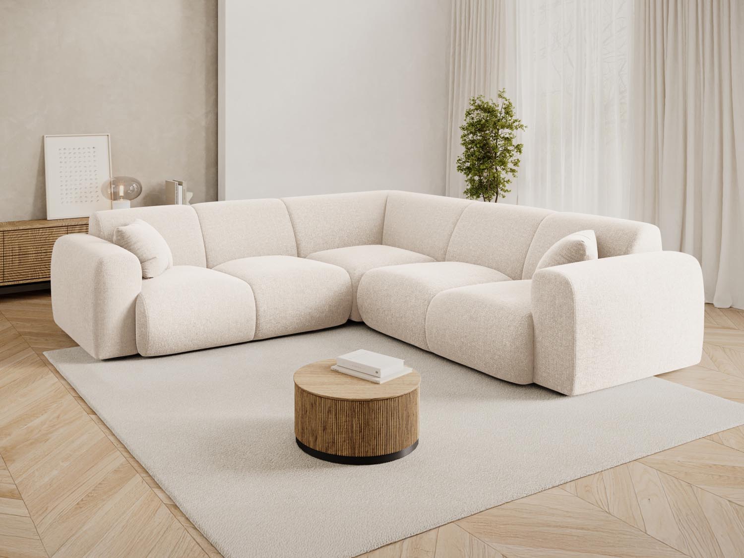 Elegantes Nolio Symmetrical Ecksofa in Light Beige, 5-Sitzer, 252 cm, ideal für stilvolle Wohnräume, präsentiert von Cosmopolitan Design.