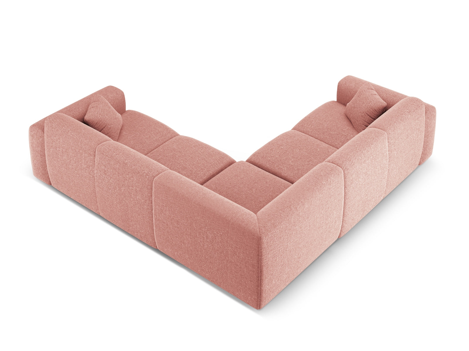 Modernes Nolio Symmetrical Ecksofa in sanftem Rosaton, ideal für gemütliche Räume, bietet komfortable Sitzgelegenheit für bis zu 5 Personen.