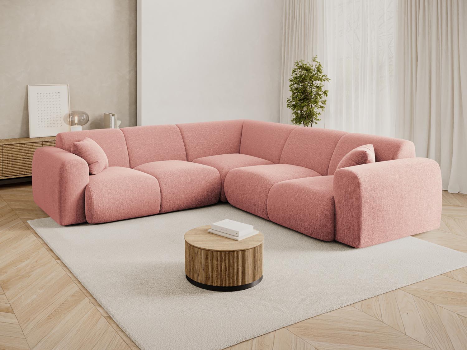Stylisches Nolio Symmetrical Ecksofa in sanftem Pink, ideal für moderne Wohnräume, 5-Sitzer mit großzügigen 252 cm.
