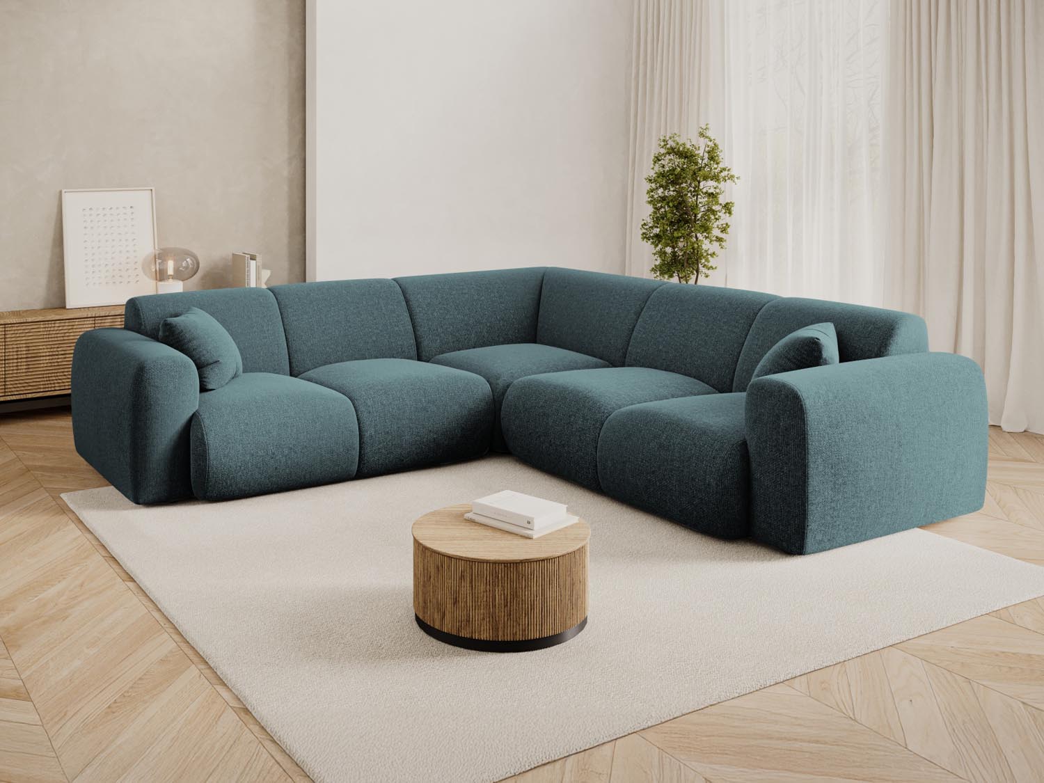 Elegantes Nolio Symmetrical Ecksofa in Petrol-Haga, ideal für stilvolle Wohnräume, bietet Platz für bis zu fünf Personen.