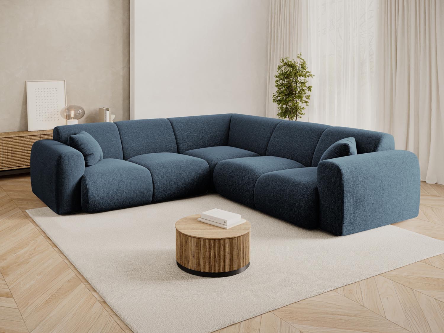 Elegantes Nolio Symmetrical Ecksofa in Royal Blue, 5-Sitzer, 252 cm, ideal für stilvolle Wohnräume, präsentiert von Cosmopolitan Design.