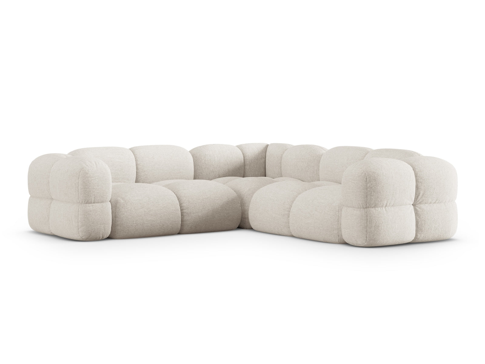 Beiges, modernes Ecksofa Loretto mit symmetrischer Form, 4-Sitzer, 250 cm, ideal für gemütliche und elegante Wohnambiente.