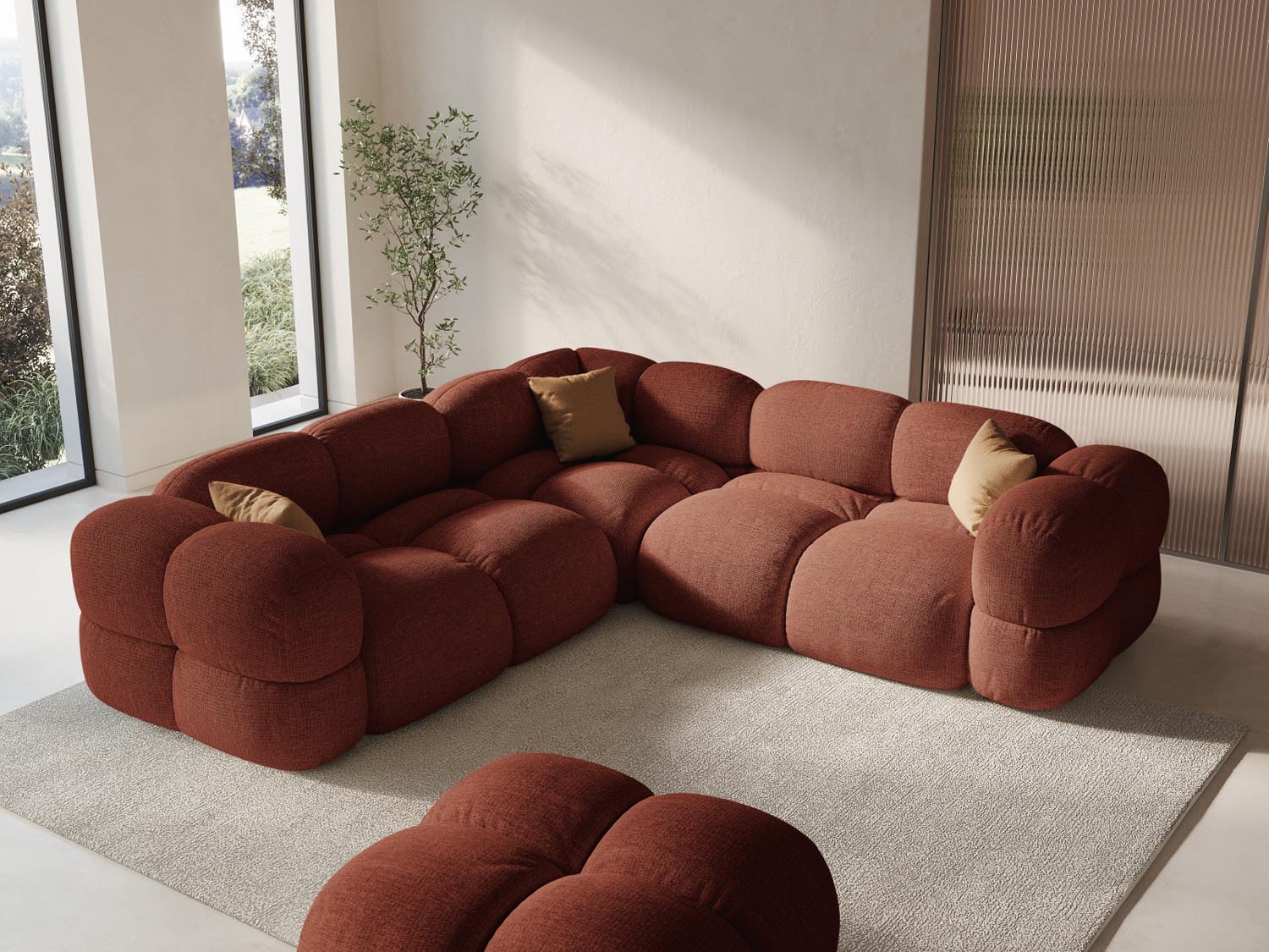 Elegantes Loretto Ecksofa in Coral-Sorella, ideal für stilvolle Wohnräume. Komfortables 4-Sitzer Design mit symmetrischer Form.