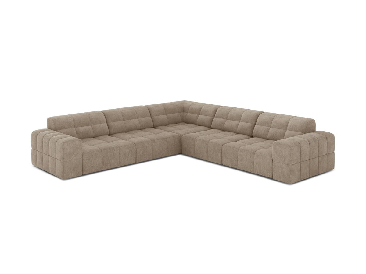 Ecksofa Chicago von Cosmopolitan Design in Light Beige-Eden mit Chenille-Stoff, Massivholzrahmen und schwarzen Kunststoffbeinen, 4-Sitzer-Form.