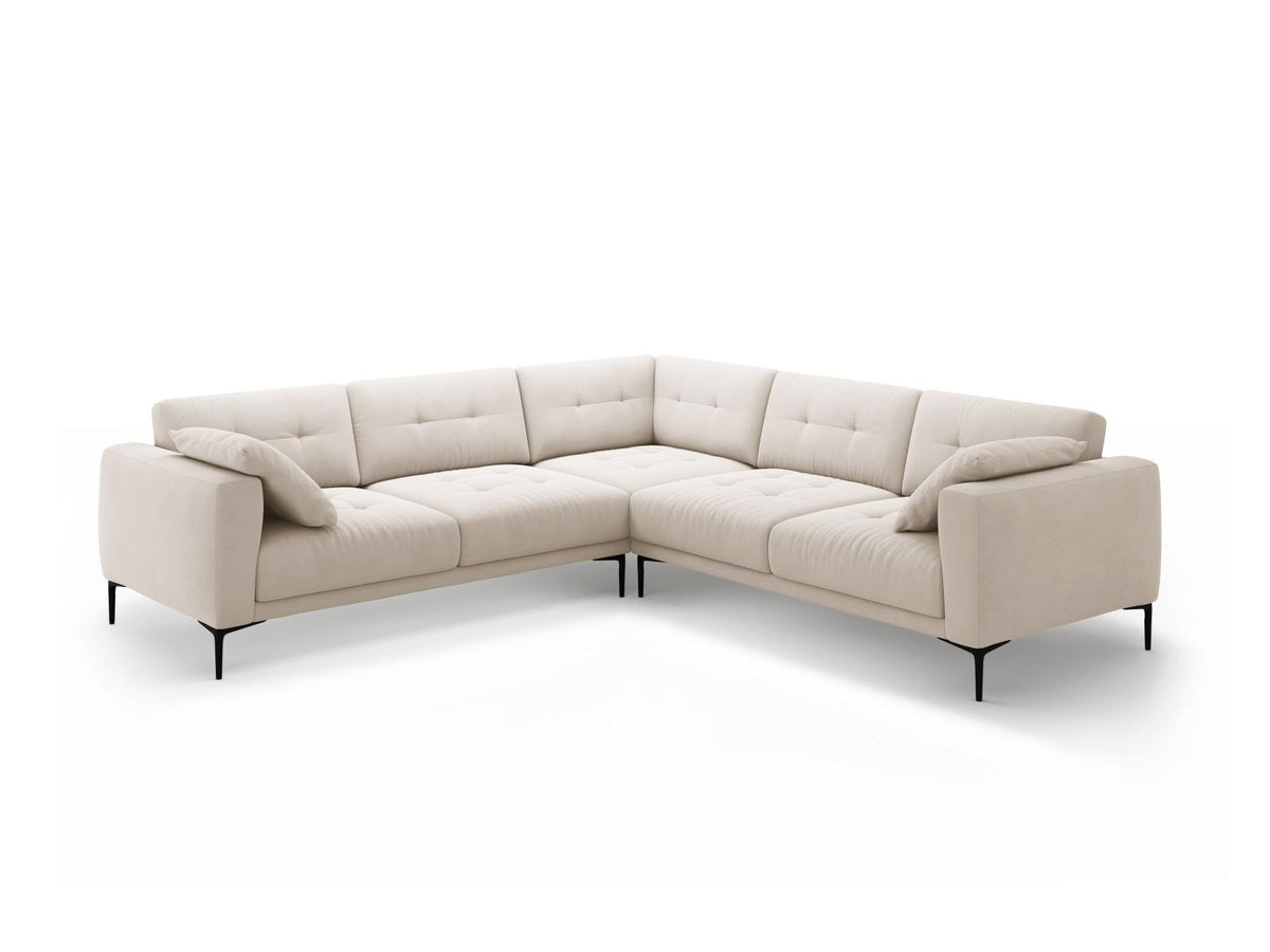 Symmetrisches Ecksofa Lazio in Samt-Velours, Royal Blue, mit schwarzen Metallbeinen, Massivholzrahmen und grosszügiger Sitzfläche.