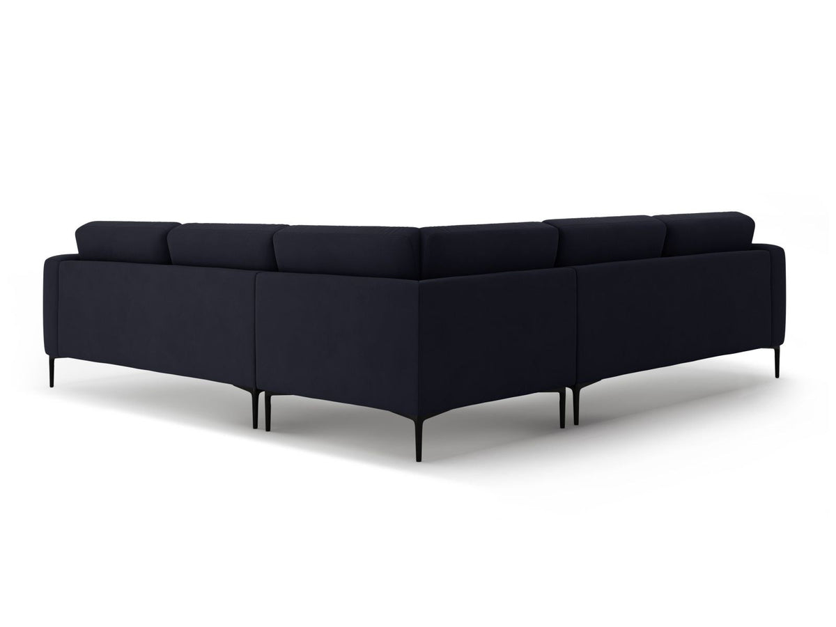 Symmetrisches Ecksofa Lazio in Samt-Velours, Royal Blue, mit schwarzen Metallbeinen, Massivholzrahmen und grosszügiger Sitzfläche.