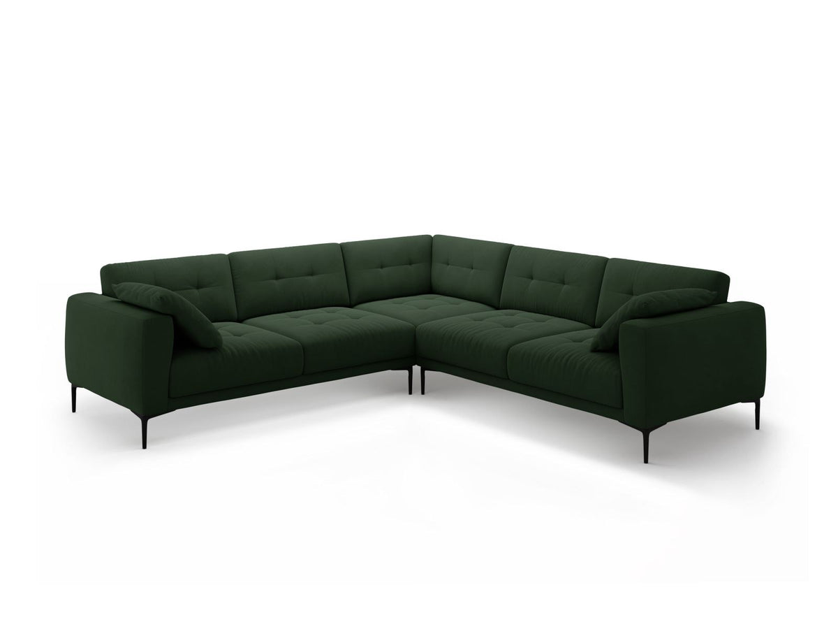 Symmetrisches Ecksofa Lazio in Samt-Velours, Royal Blue, mit schwarzen Metallbeinen, Massivholzrahmen und grosszügiger Sitzfläche.