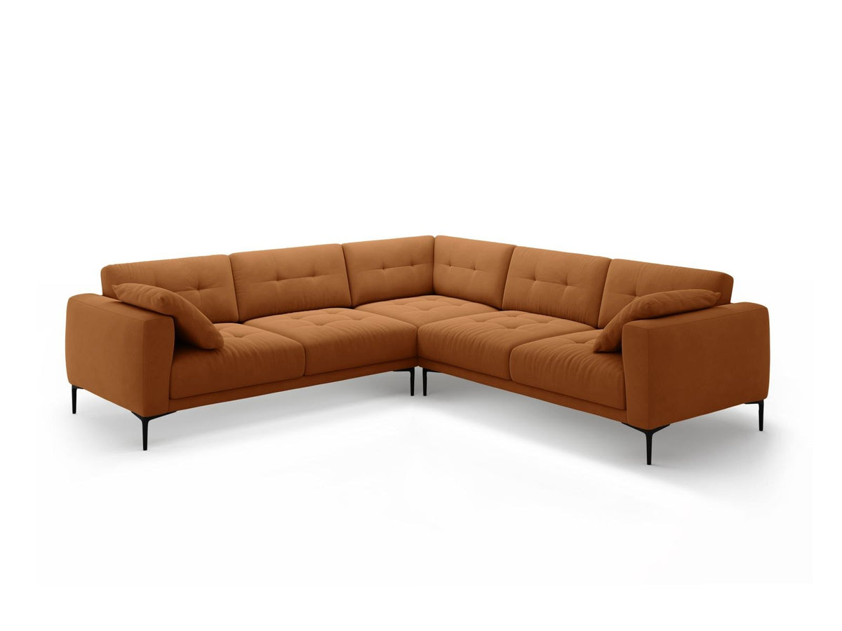 Symmetrisches Ecksofa Lazio in Samt-Velours, Royal Blue, mit schwarzen Metallbeinen, Massivholzrahmen und grosszügiger Sitzfläche.