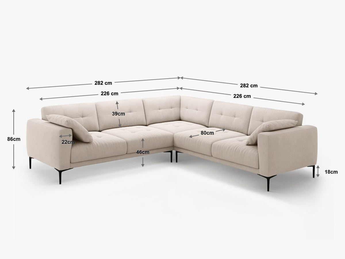 Symmetrisches Ecksofa Lazio in Samt-Velours, Royal Blue, mit schwarzen Metallbeinen, Massivholzrahmen und grosszügiger Sitzfläche.