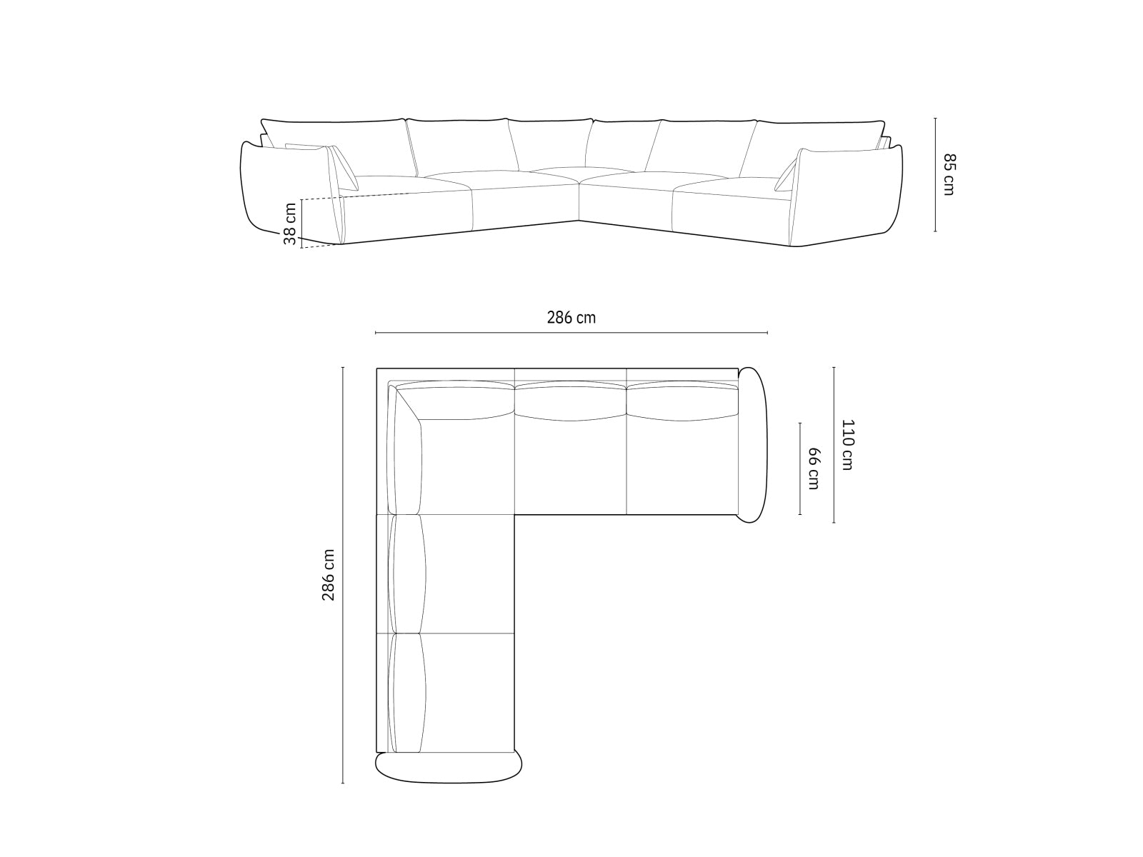 Modernes 7-Sitzer Ecksofa Symmetric Matera in tiefem Royalblau, perfekt für großzügige Wohnzimmer und entspannte Abende.