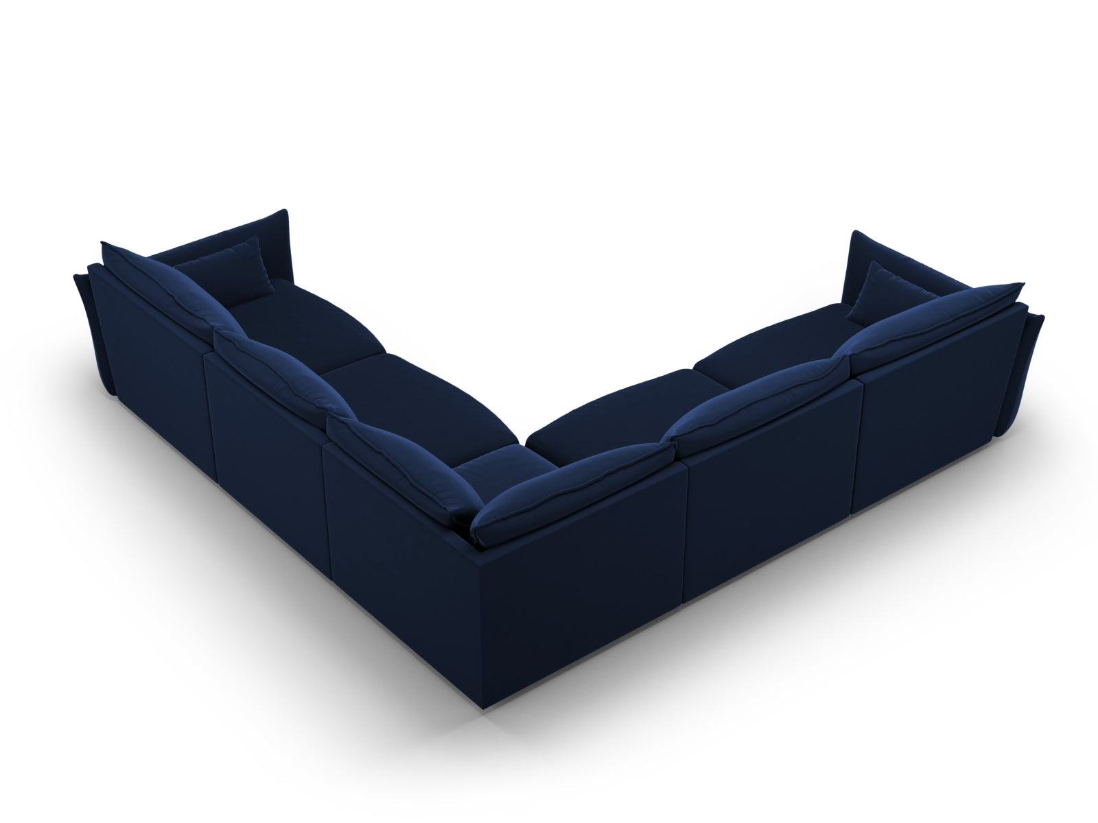 Elegantes 7-Sitzer Ecksofa Symmetric Matera in stilvollem Royalblau, ideal für gesellige Runden und gemütliche Stunden im Wohnzimmer.