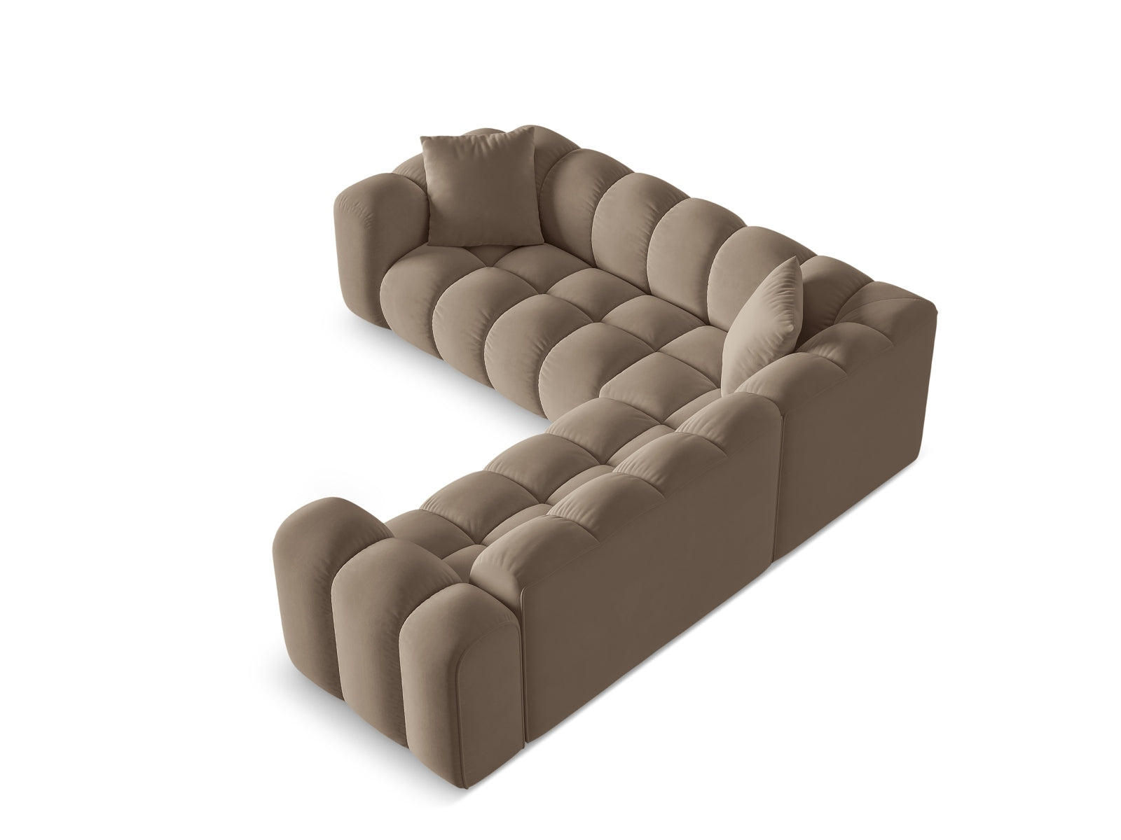 Elegantes 3-Sitzer Ecksofa Symmetric Treno in hochwertigem Cappuccino-Bluvel, ideal für gemütliche und moderne Wohnräume.