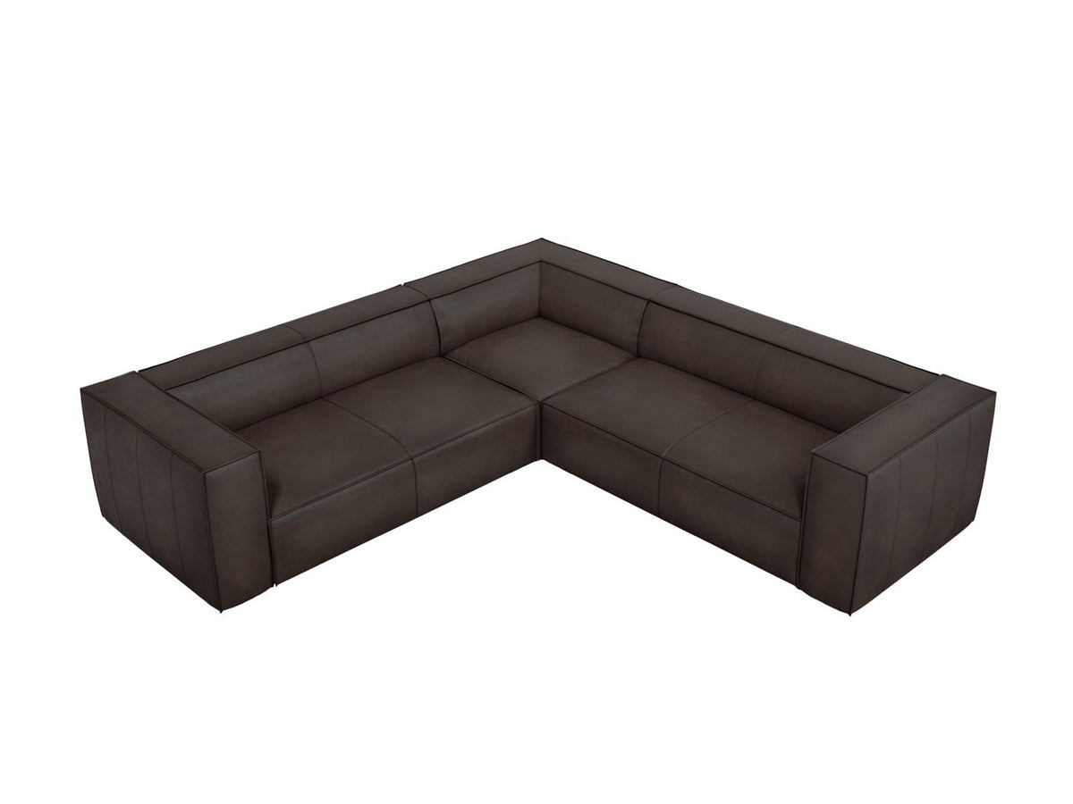 Symmetrisches Ecksofa Turin aus Rindsleder in Grey Brown-Granada, Massivholzrahmen, Beine aus schwarzem Buchenholz, 280x280cm.