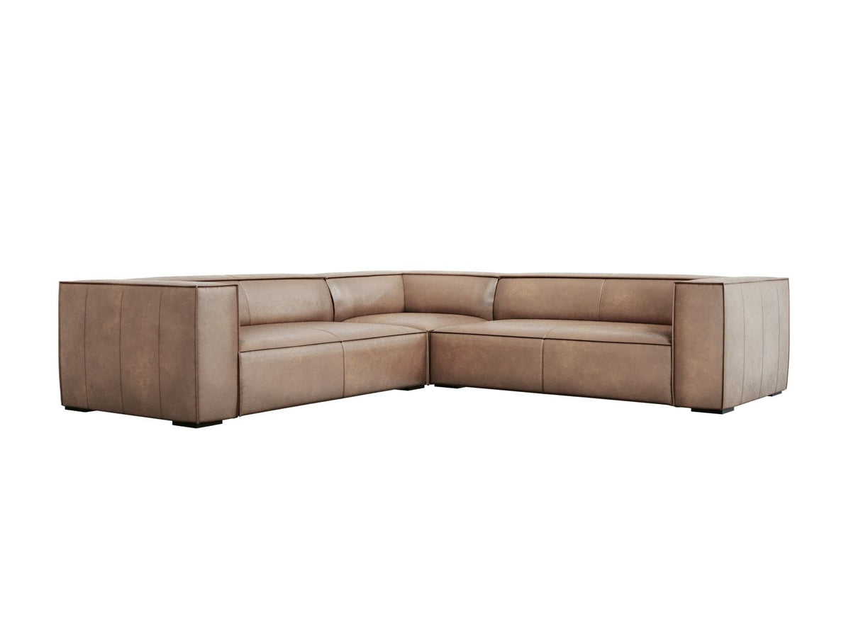 Symmetrisches Ecksofa Turin aus Rindsleder in Grey Brown-Granada, Massivholzrahmen, Beine aus schwarzem Buchenholz, 280x280cm.