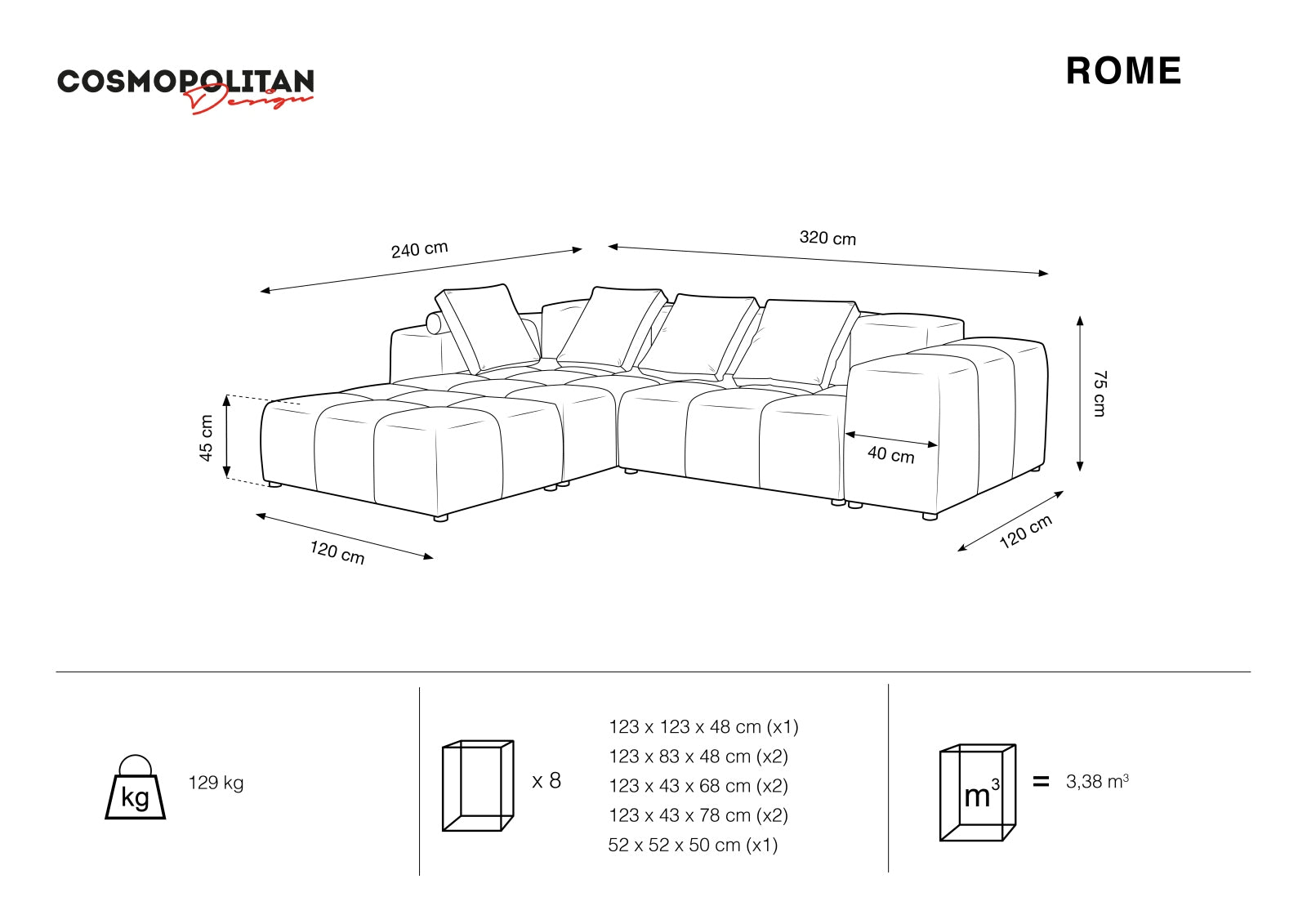 Rome Modular Reversible Ecksofa 5 Sitzer in Beige präsentiert im Onlineshop von KAQTU Design AG. Ecksofa ist von Cosmopolitan Design