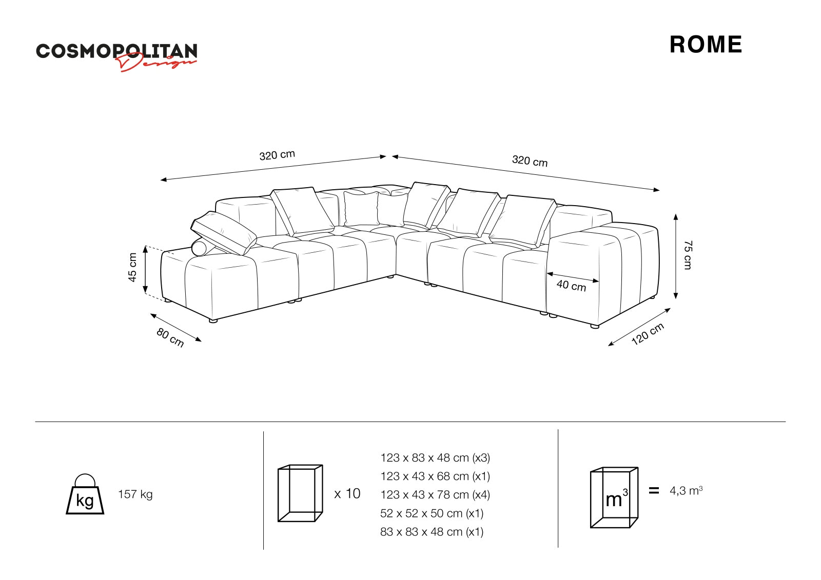 Rome Modular Reversible Ecksofa 7 Sitzer in Dark Blue präsentiert im Onlineshop von KAQTU Design AG. Ecksofa ist von Cosmopolitan Design