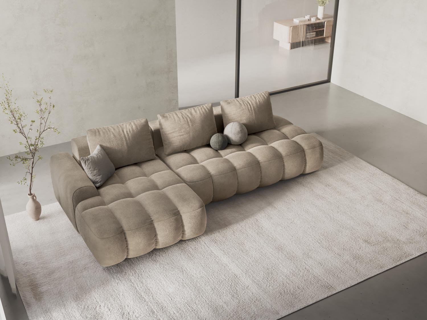 Modernes Linz Ecksofa mit offener linker Seite, 3-Sitzer, bietet Schlafgelegenheit und Stauraum für Kissen und Decken.