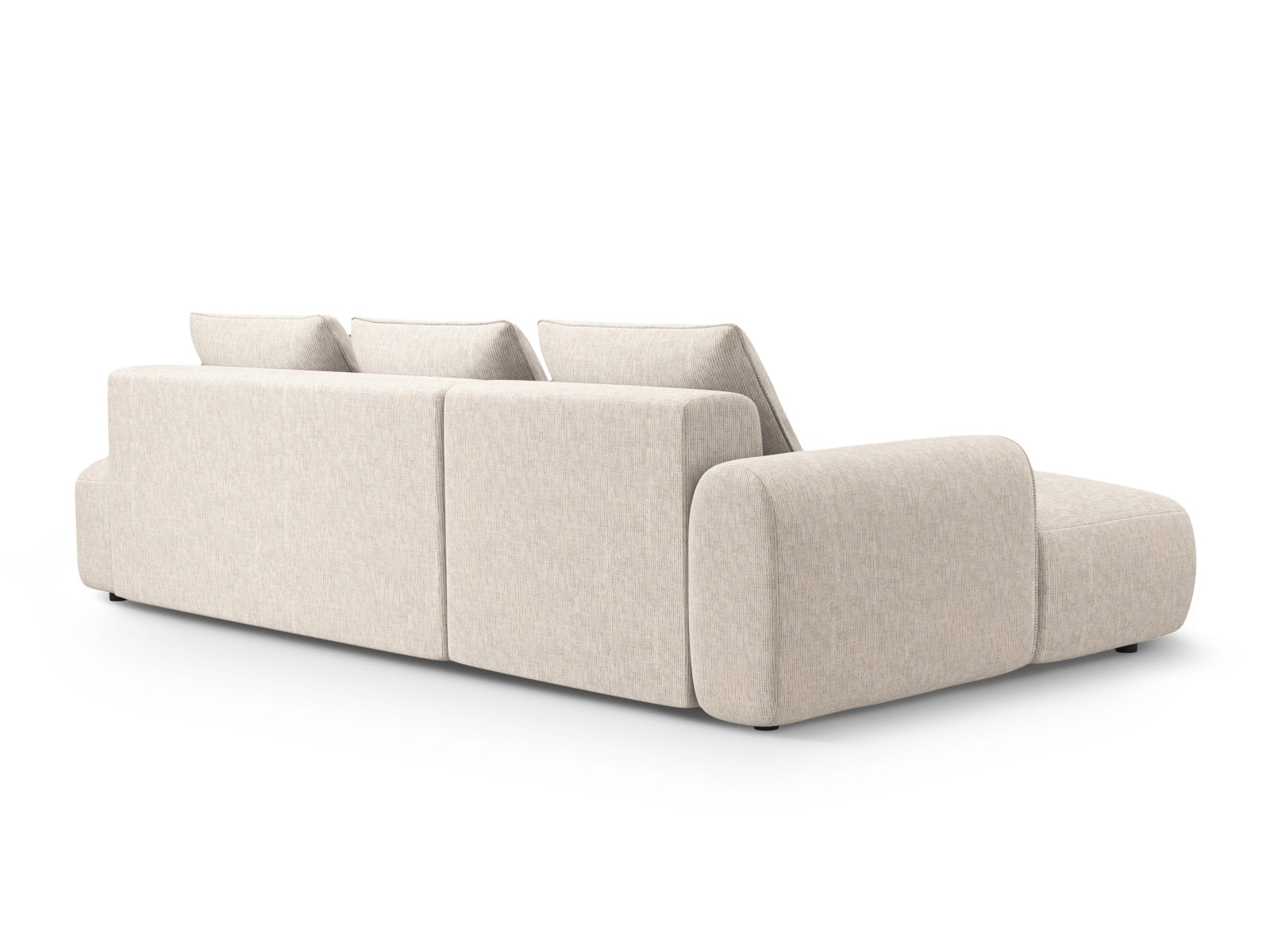 Stylisches 5-Sitzer Ecksofa links in elegantem Beige, perfekt für gemütliche Stunden, ausgestattet mit Schlaffunktion und praktischem Stauraum.