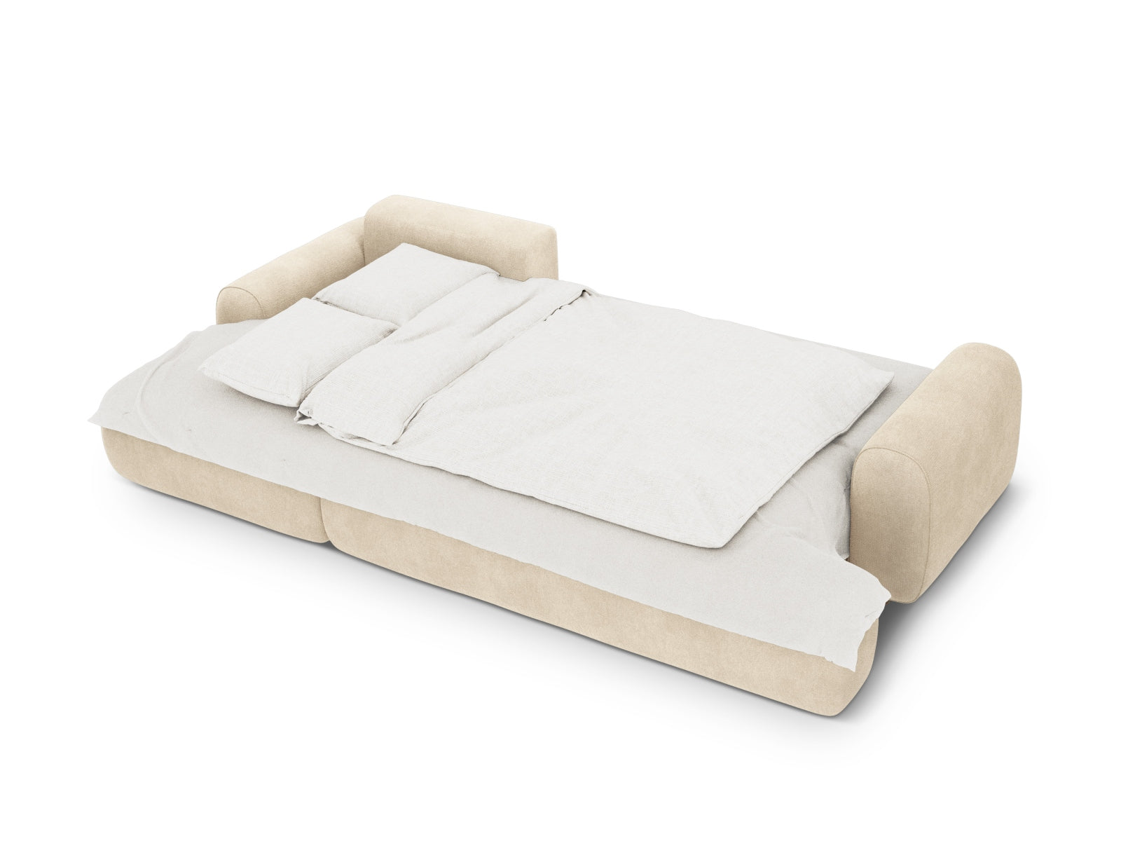 Stylisches 3-Sitzer Ecksofa links in sanftem Beige, ideal für Wohnräume, bietet Schlaffunktion und cleveren Stauraum.