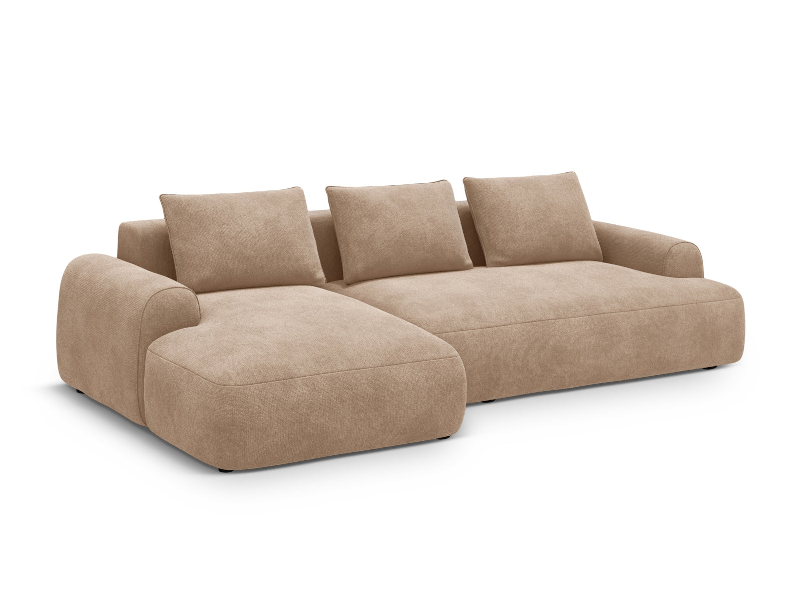 Elegantes 3-Sitzer Ecksofa Calma in Dunkelbeige mit Schlaffunktion und praktischem Stauraum, ideal für moderne Wohnräume.
