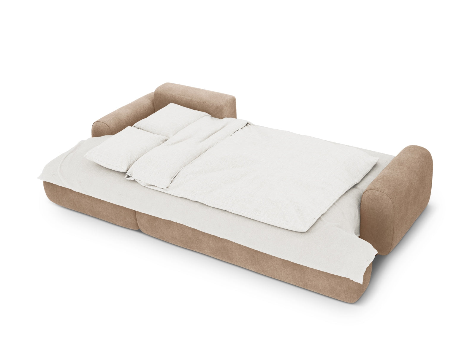 Elegantes 3-Sitzer Ecksofa Calma in edlem Dunkelbeige, ideal für entspannte Abende und als Schlafgelegenheit mit praktischem Stauraum.