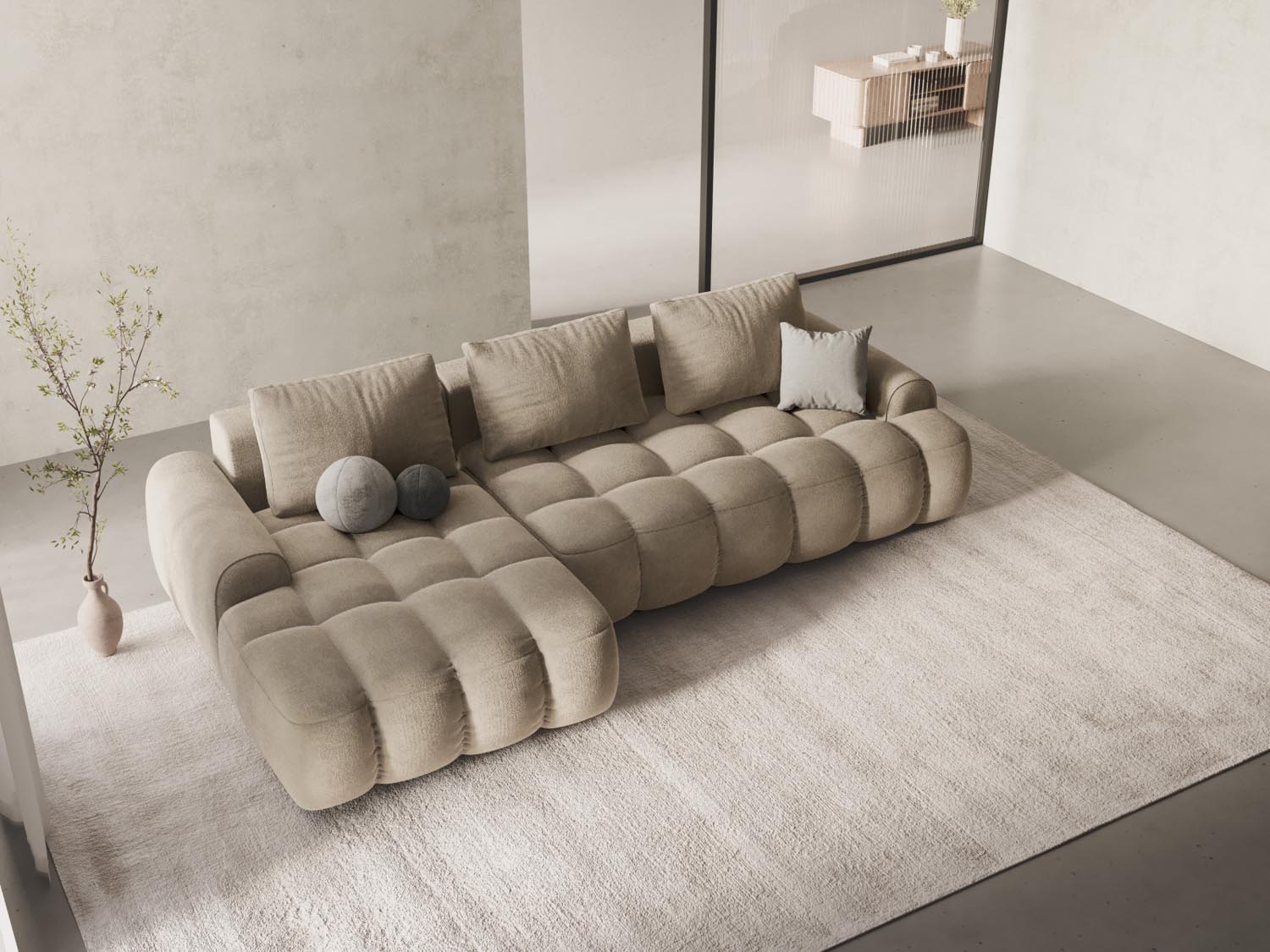 Stylisches Linz Ecksofa links mit Schlaffunktion und Stauraum, 3-Sitzer in elegantem Light Beige-Vogue, ideal für moderne Wohnräume.