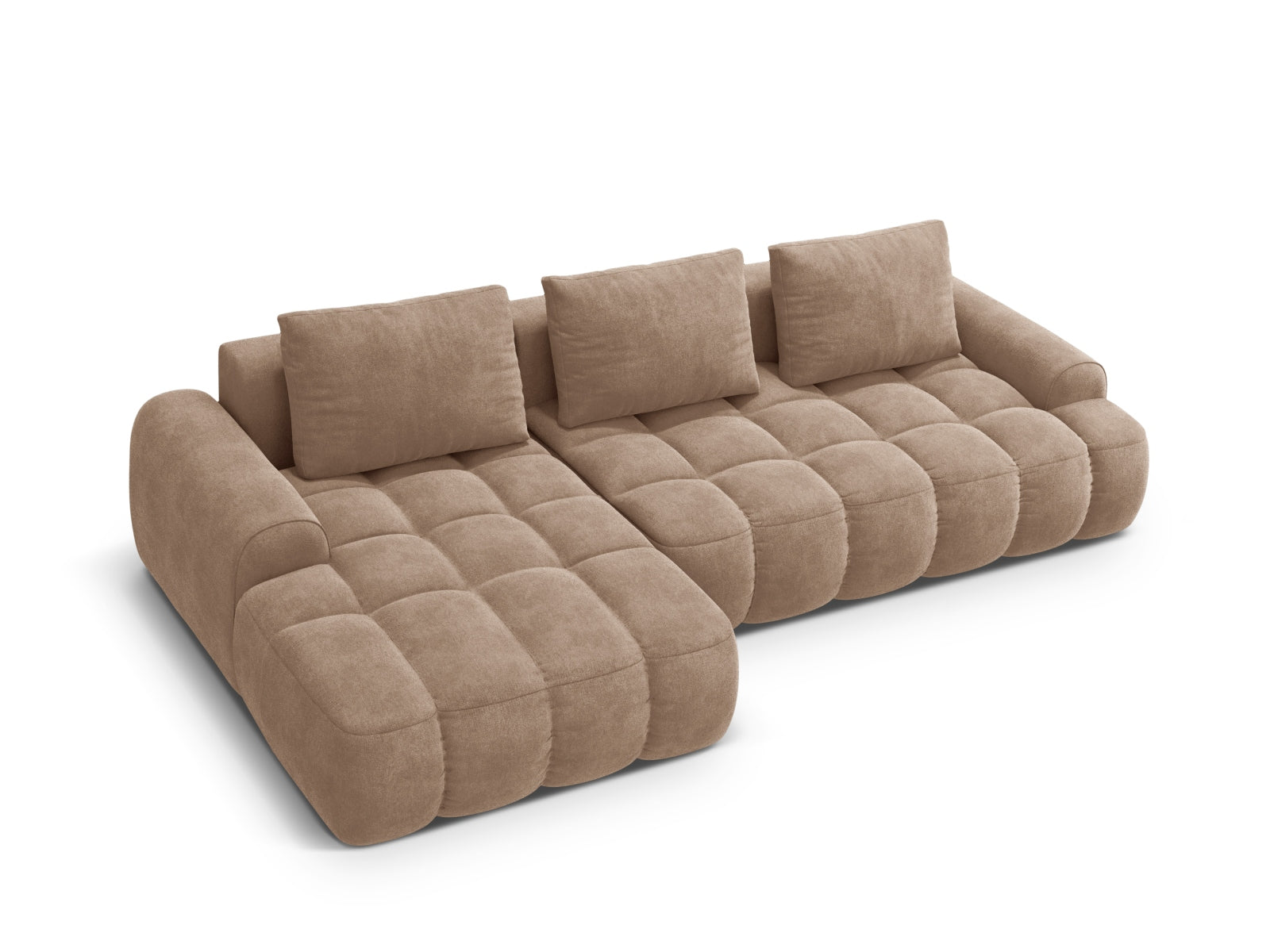 Modernes Linz Ecksofa links mit Schlafoption und Stauraum, 3-Sitzer in edlem Dunkelbeige, ideal für komfortable Wohnräume.