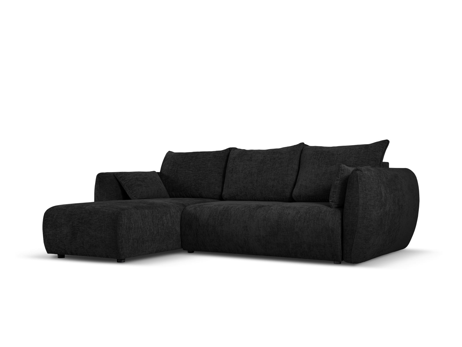 Elegantes 4-Sitzer Ecksofa links mit praktischer Bettfunktion und Stauraum, Modell Matera in stilvollem Schwarz, ideal für moderne Wohnräume.