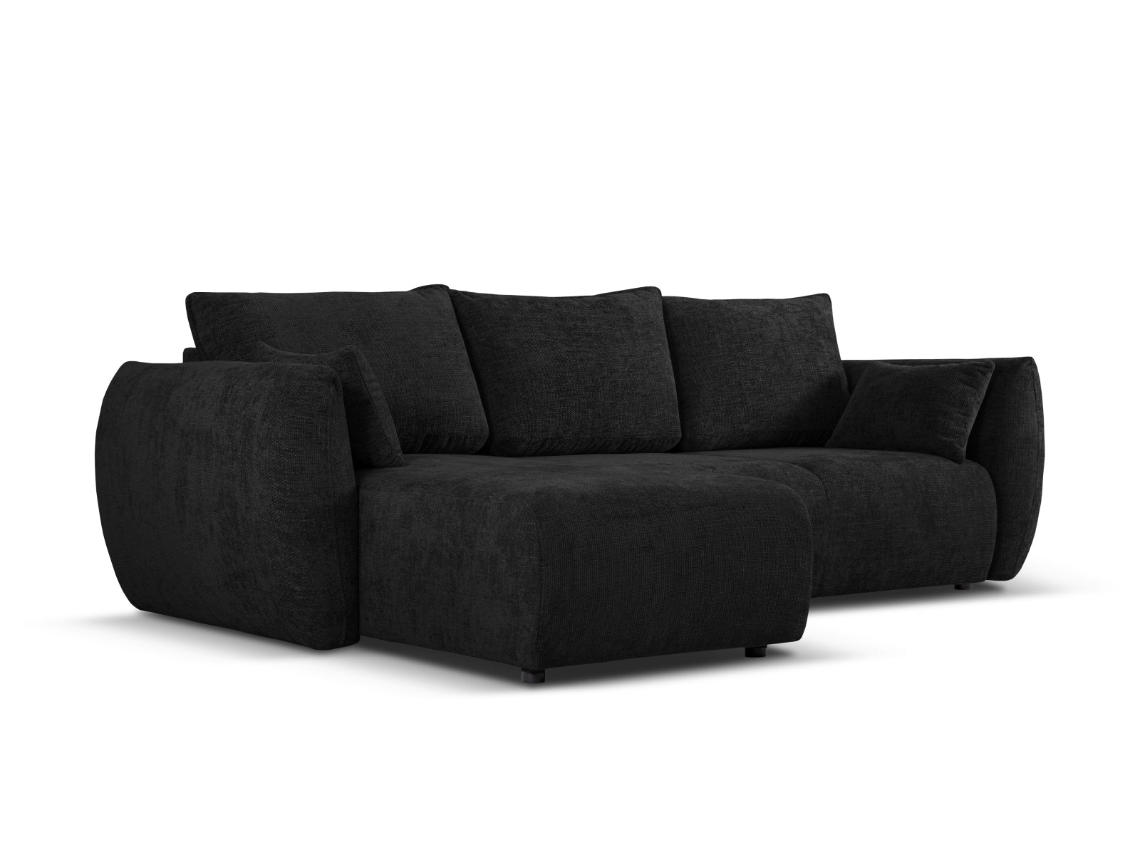 Elegantes 4-Sitzer Ecksofa links mit praktischer Bettfunktion, Modell Matera in zeitlosem Schwarz, ideal für stilvolle Wohnräume.