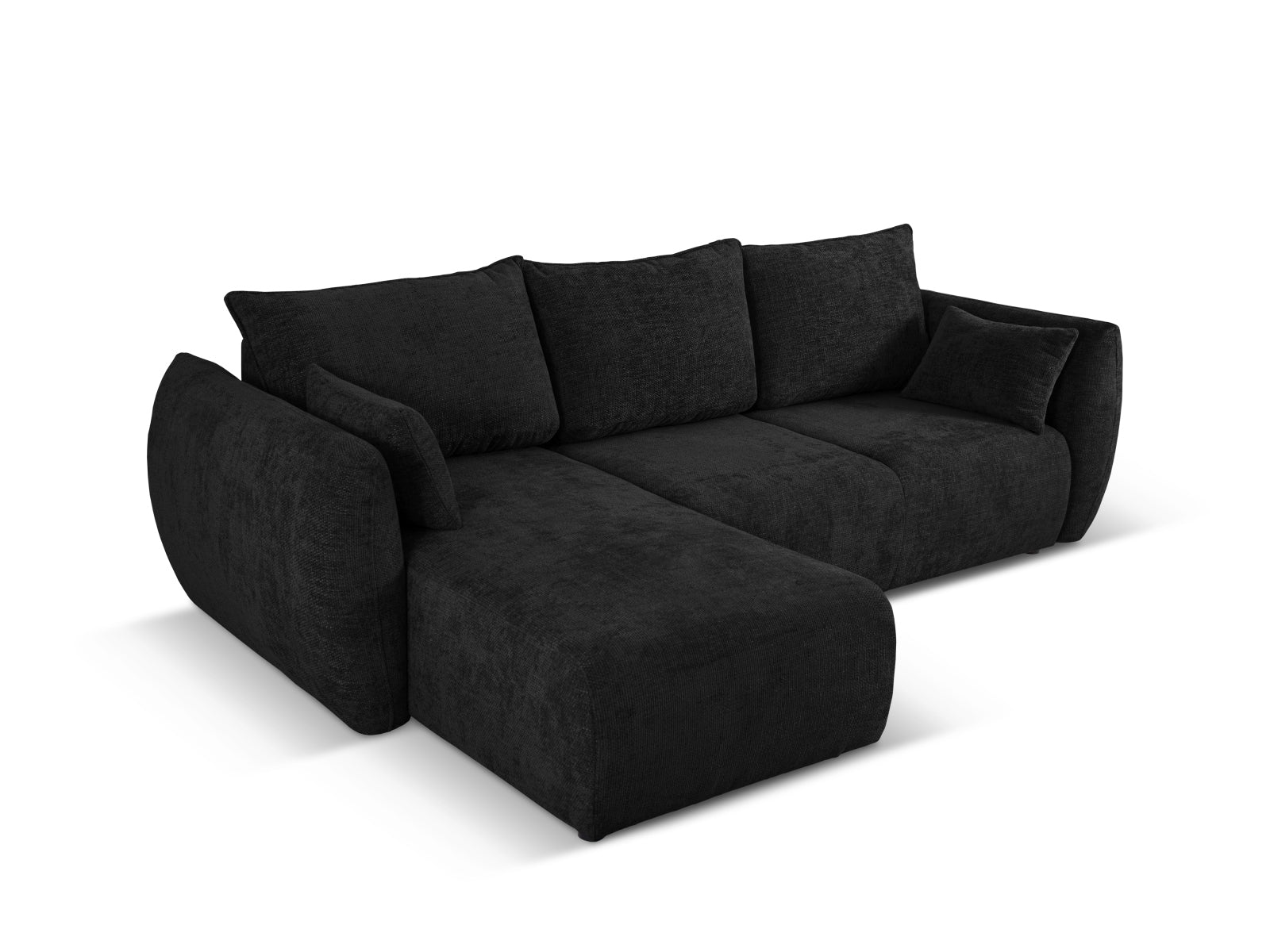 Modernes 4-Sitzer Ecksofa links mit Bettfunktion, Modell Matera in klassischem Schwarz, perfekt für gemütliche und funktionale Wohnbereiche.