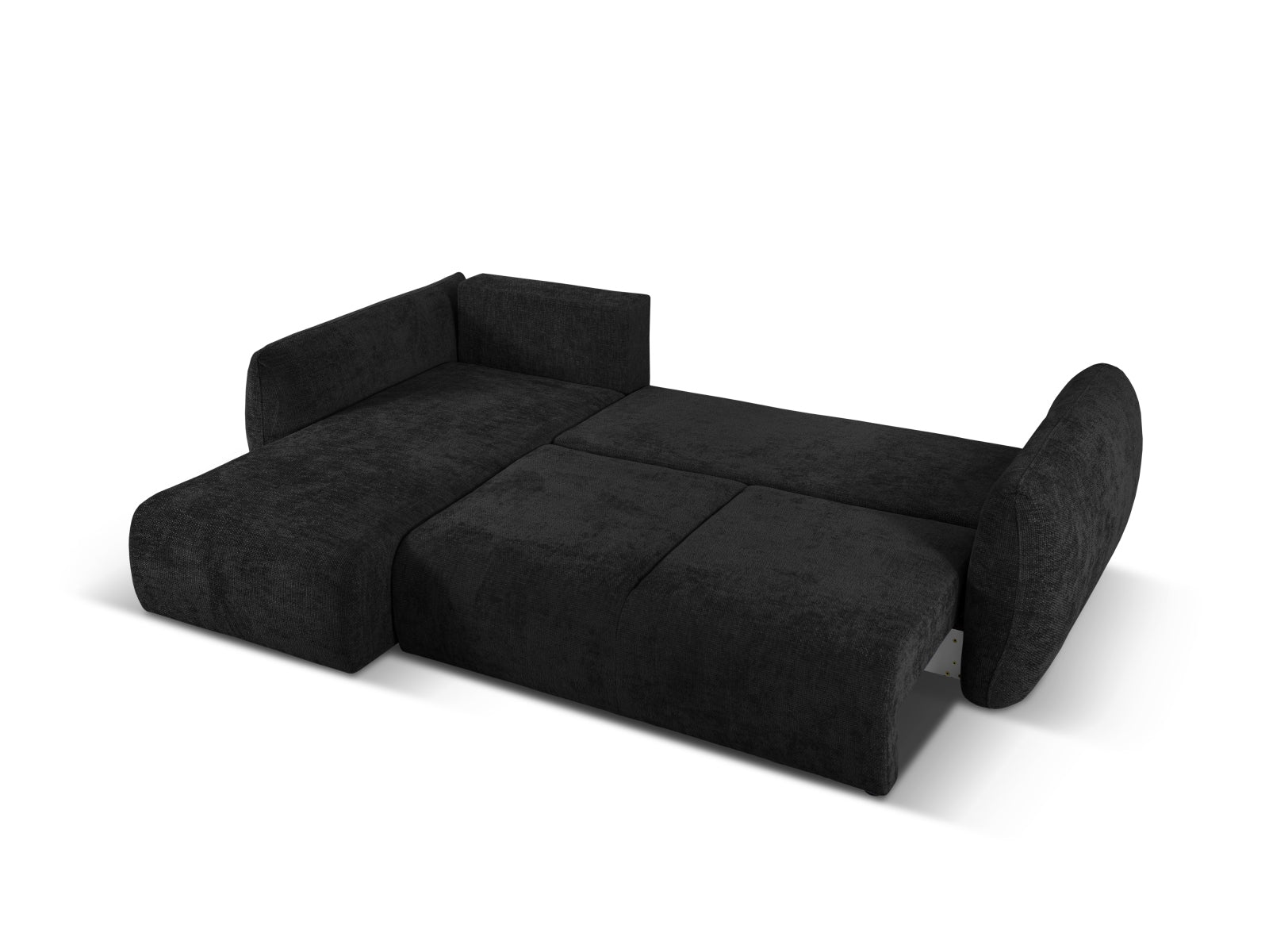 Modernes 4-Sitzer Ecksofa links mit Bettfunktion, Modell Matera in zeitlosem Schwarz, perfekt für gemütliche Abende und stilvolle Einrichtung.