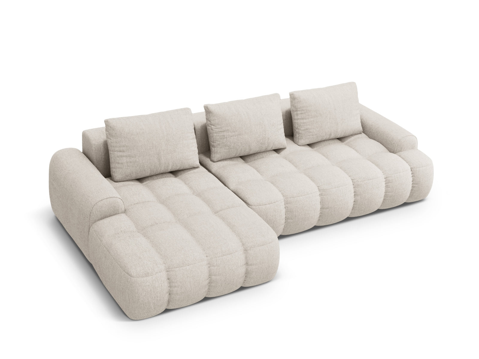 Beige Linz Ecksofa links mit Stauraum, 3-Sitzer, 142 cm, vereint stilvolles Design mit praktischer Schlaffunktion für jeden Wohnraum.