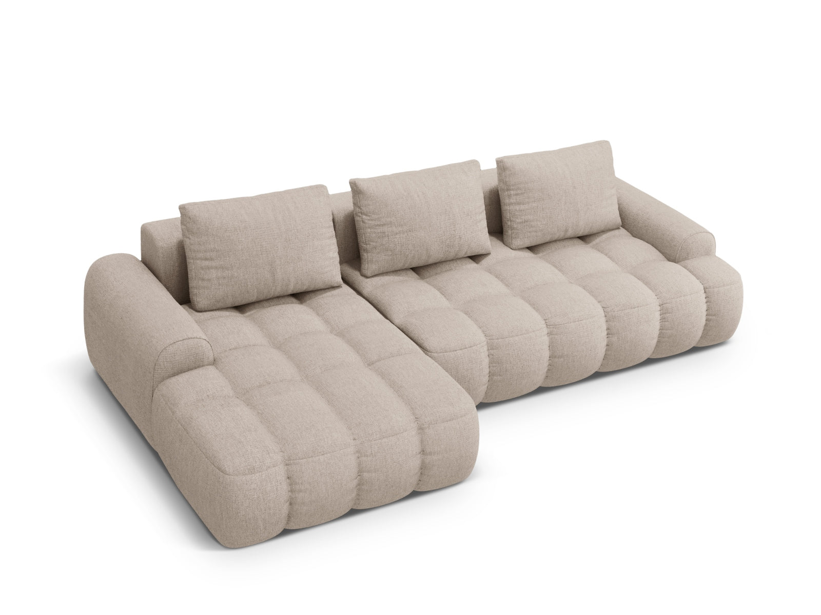 Modernes Linz Ecksofa links in Sand-Sorella, 3-Sitzer mit praktischer Schlaffunktion und Stauraum, ideal für kleine Räume und entspannte Nächte.