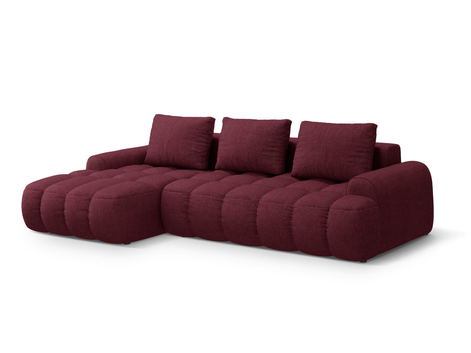 Elegantes Linz Ecksofa in tiefem Burgunderrot, bietet Schlafgelegenheit und praktischen Stauraum, ideal für stilvolle Wohnzimmer.