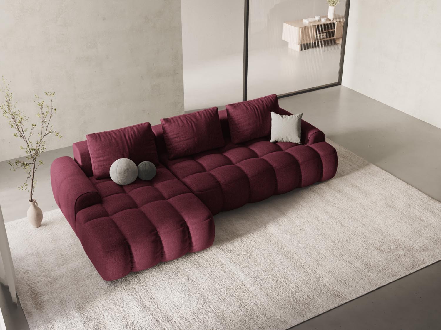 Stylisches Linz Ecksofa in Burgundy-Sorella, ideal für Schlafkomfort und Stauraum, perfekt für moderne Wohnräume.