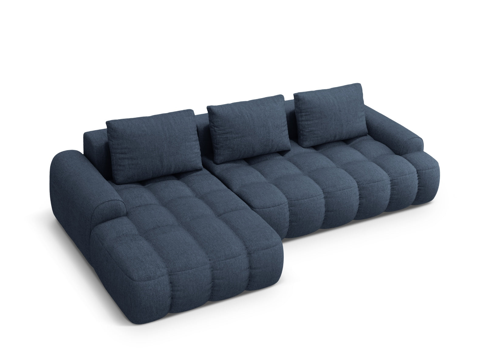 Modernes Linz Ecksofa links in stilvollem Blau, ideal für kleine Räume, mit Schlaffunktion und Stauraum für Kissen und Decken.