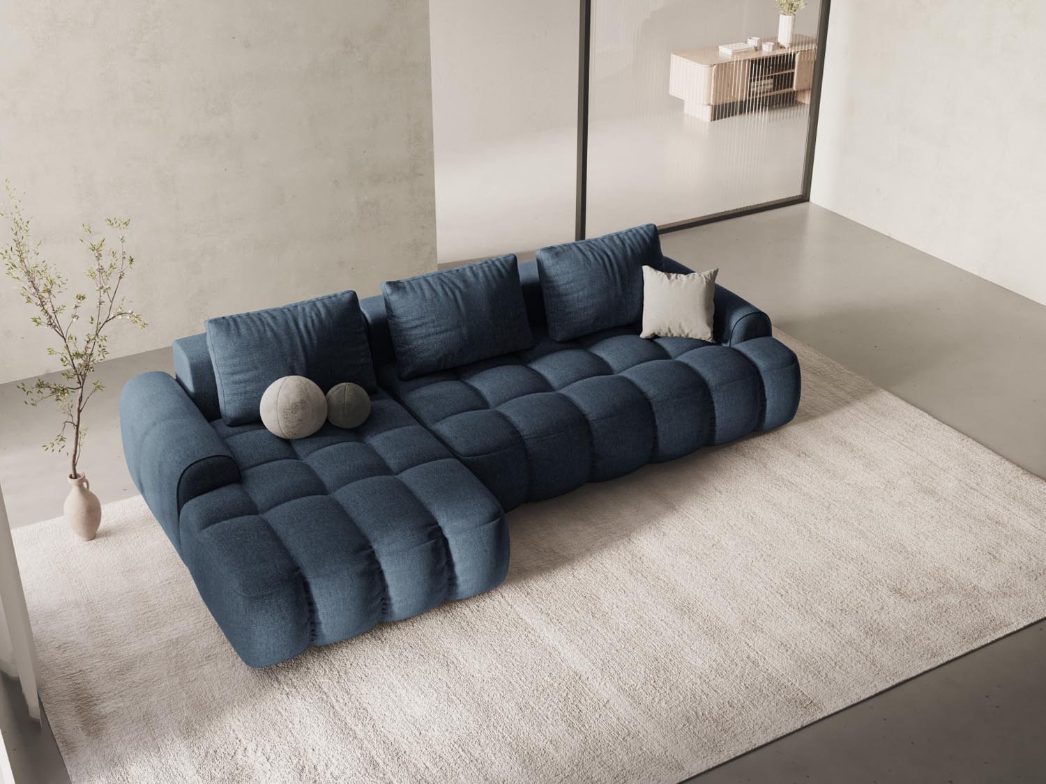 Stylisches Linz Ecksofa links in Dunkelblau mit Schlaffunktion und Stauraum, ideal für moderne Wohnräume und gemütliche Nächte.