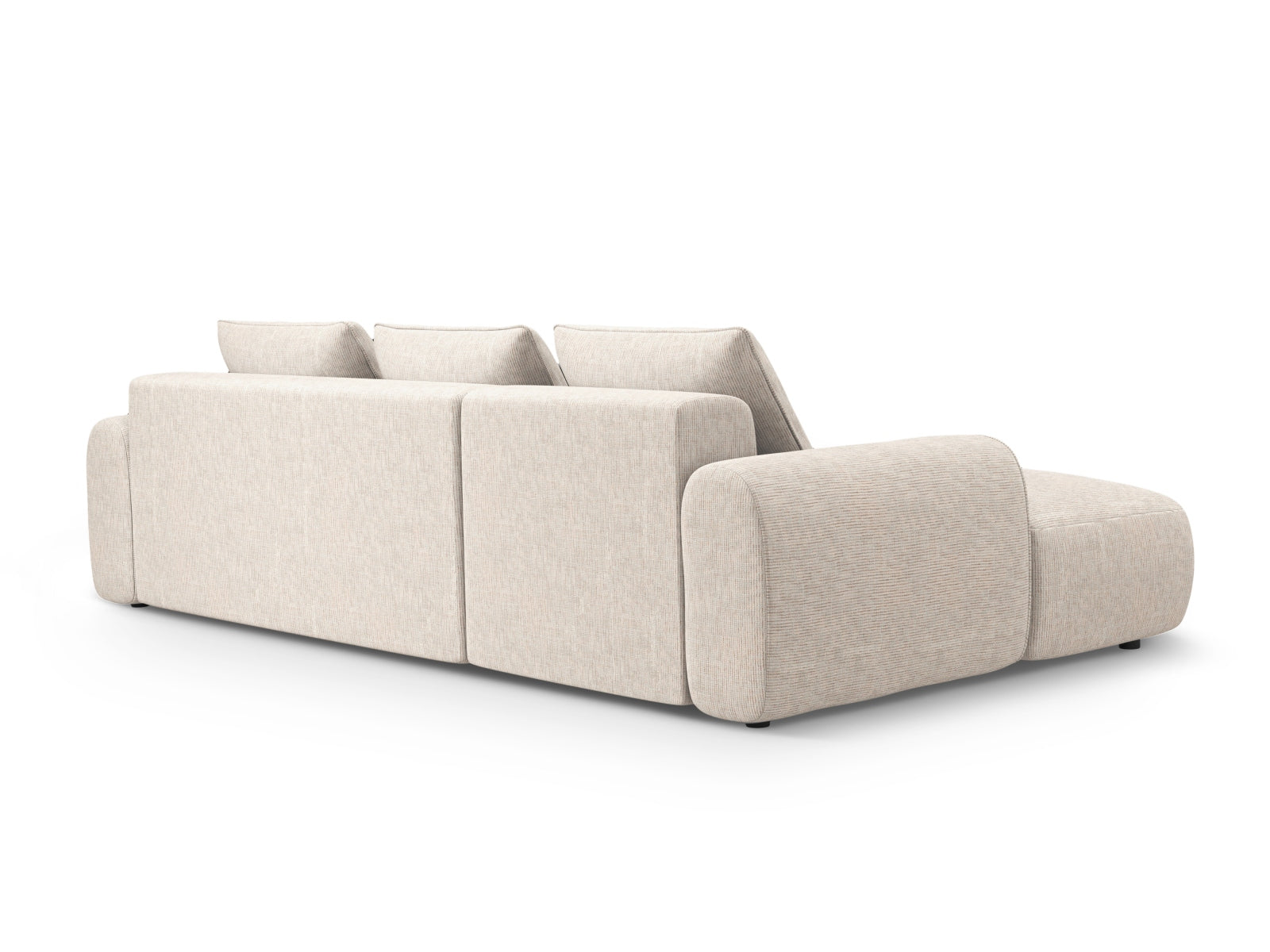 Stylisches 3-Sitzer Ecksofa links in elegantem Beige, perfekt für gemütliche Stunden, ausgestattet mit praktischer Schlaffunktion und Stauraum.