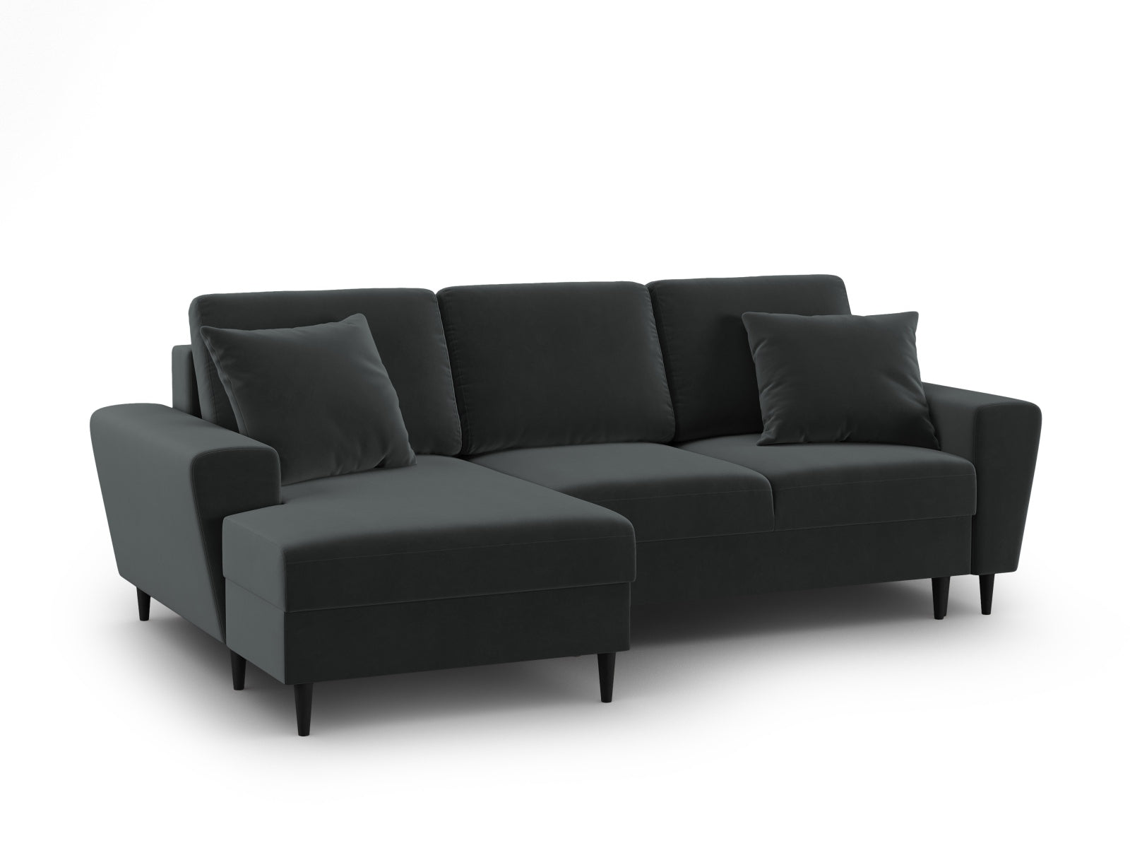 Modernes Kyoto Ecksofa links in edlem Dunkelgrau, 4-Sitzer mit Schlafoption und Stauraum für vielseitige Nutzung und Komfort.