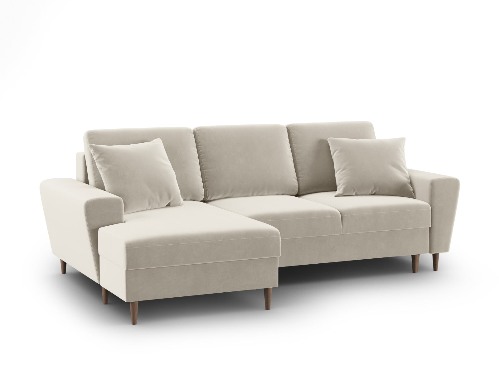 Stylisches Kyoto Ecksofa links in elegantem Beige, 4-Sitzer mit praktischer Schlaffunktion und integriertem Stauraum für optimale Raumnutzung.
