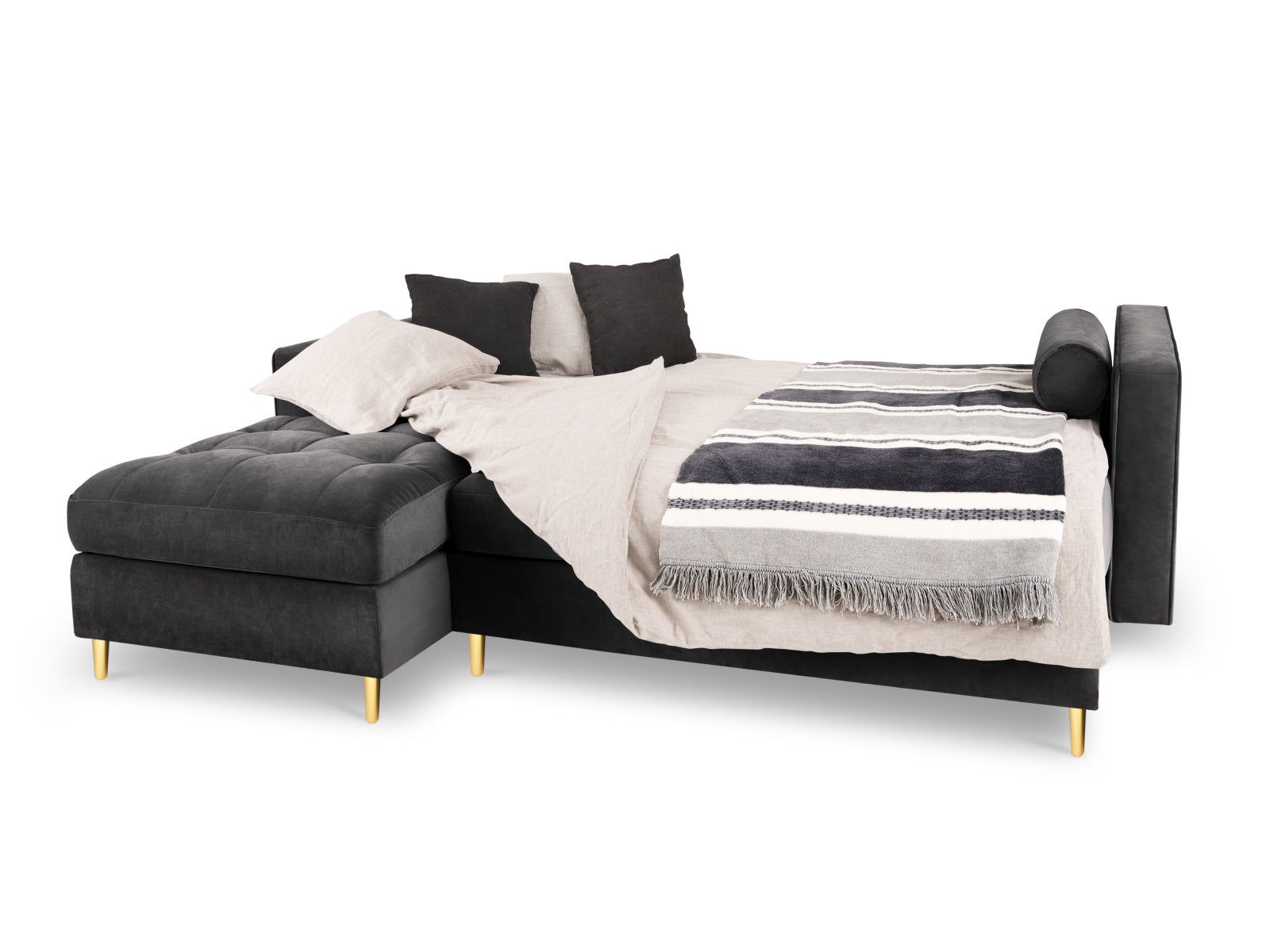 Modernes 5-Sitzer Ecksofa links Aspen in stilvollem Dunkelgrau, ideal für gemütliche Abende, mit praktischer Schlaffunktion und integriertem Stauraum.