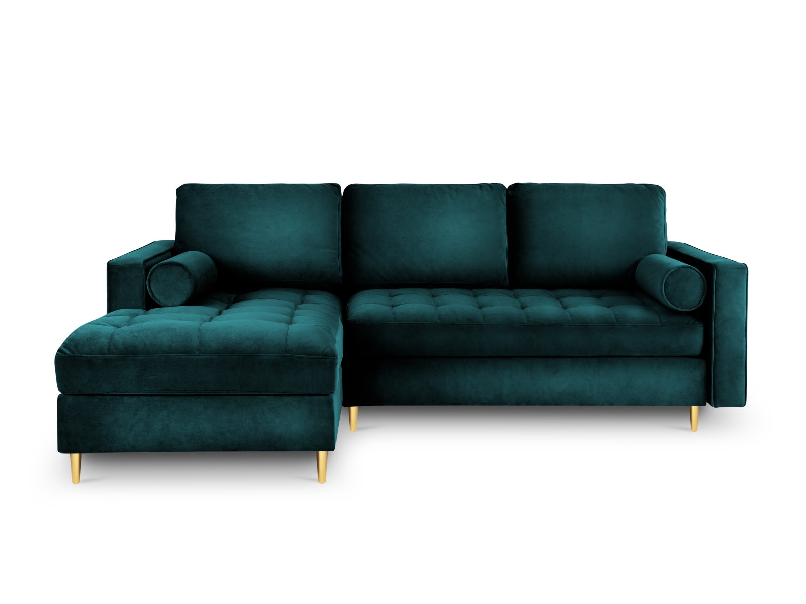 Modernes 5-Sitzer Ecksofa links Aspen in stilvollem Petrol-Salvador, perfekt für gemütliche Abende, mit cleverer Schlaffunktion und integriertem Stauraum.
