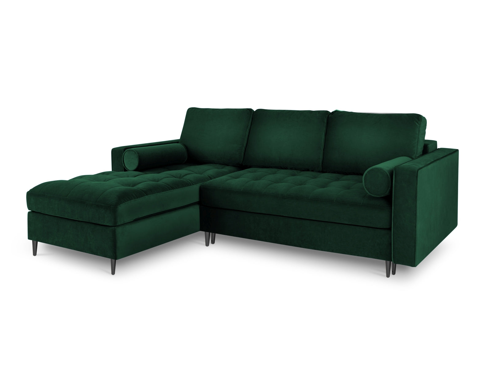 Modernes 5-Sitzer Ecksofa links Aspen in edlem Flaschengrün, ausgestattet mit Schlaffunktion und cleverem Stauraum für vielseitige Nutzung.