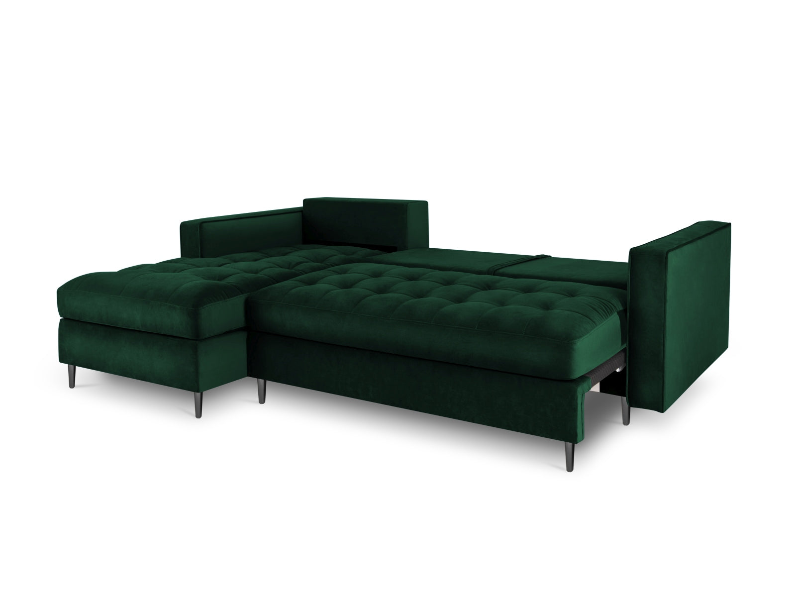 Modernes 5-Sitzer Ecksofa links Aspen in edlem Flaschengrün, kombiniert Komfort mit Funktionalität durch Schlaffunktion und Stauraum.