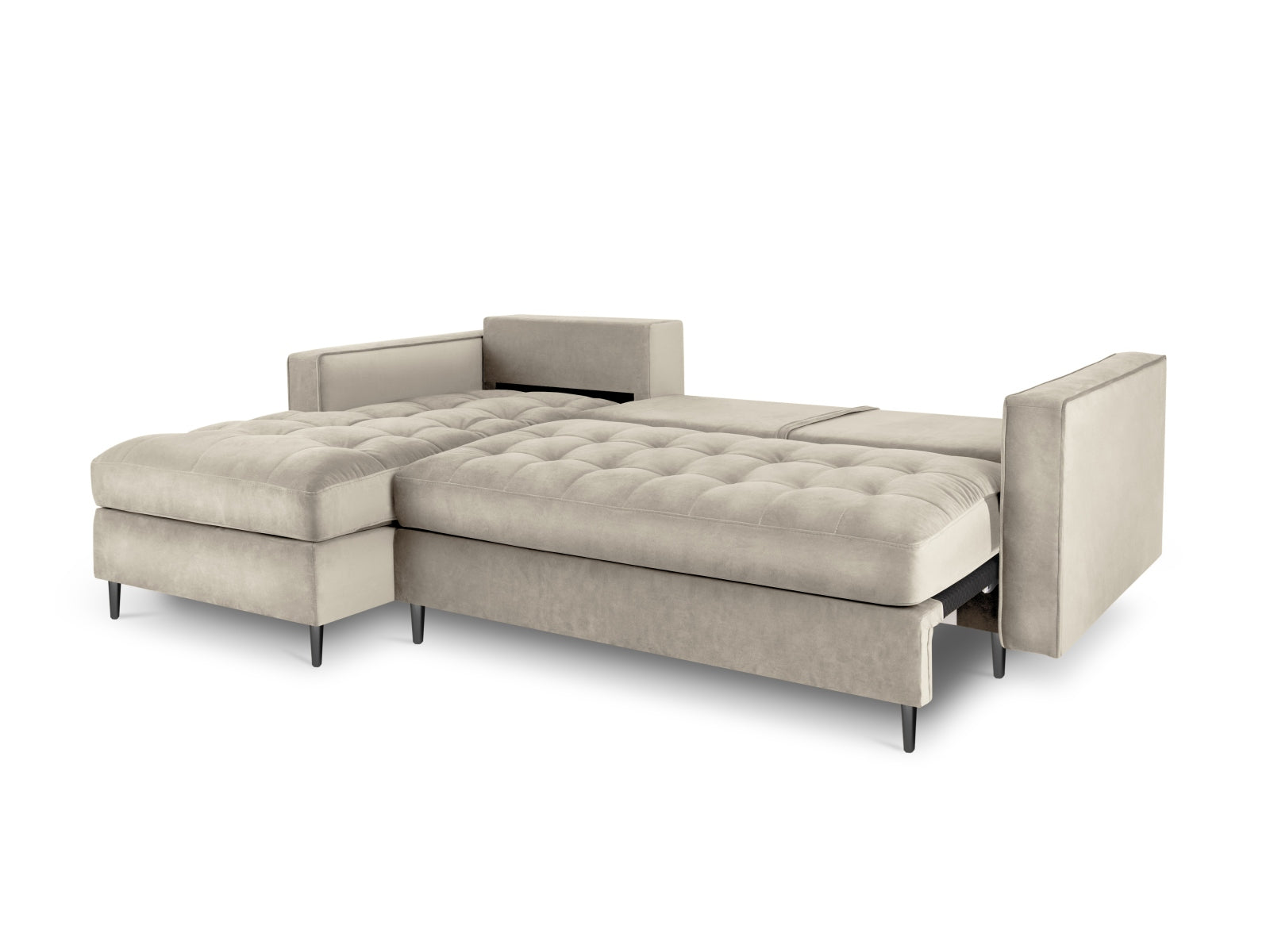Modernes 5-Sitzer Ecksofa links Aspen in edlem Dunkelbeige, perfekt für Gästeübernachtungen und mit praktischem Stauraum für Kissen und Decken.