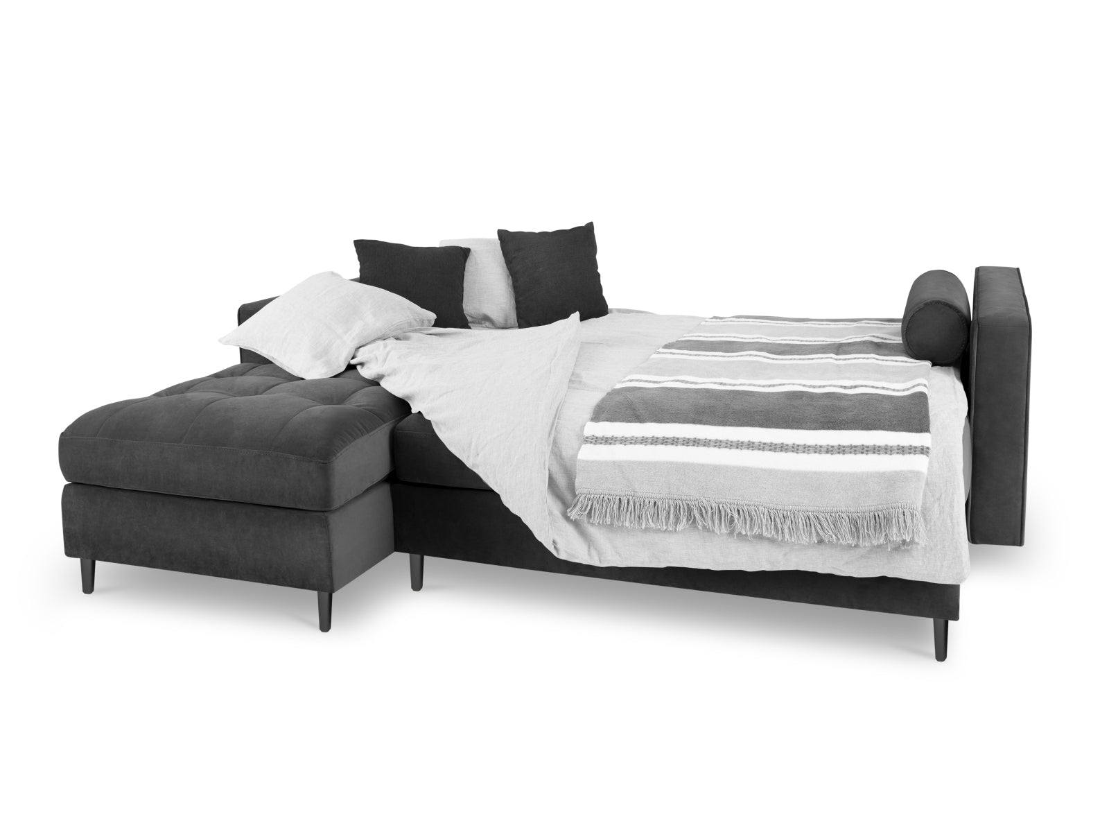 Stylisches 5-Sitzer Ecksofa links Aspen in Dunkelgrau mit praktischer Schlaffunktion und Stauraum, ideal für moderne Wohnräume.