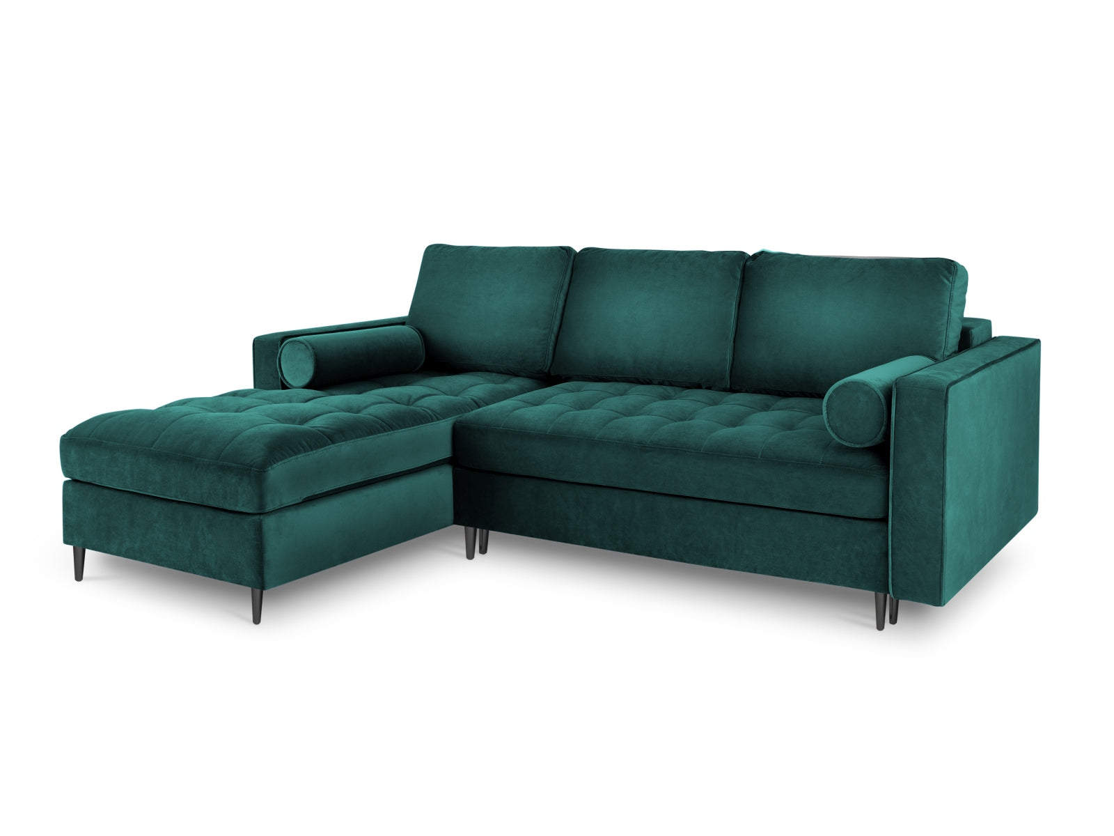 Modernes 5-Sitzer Ecksofa links Aspen in stilvollem Petrol, bietet Schlaffunktion und praktischen Stauraum für zusätzlichen Komfort.
