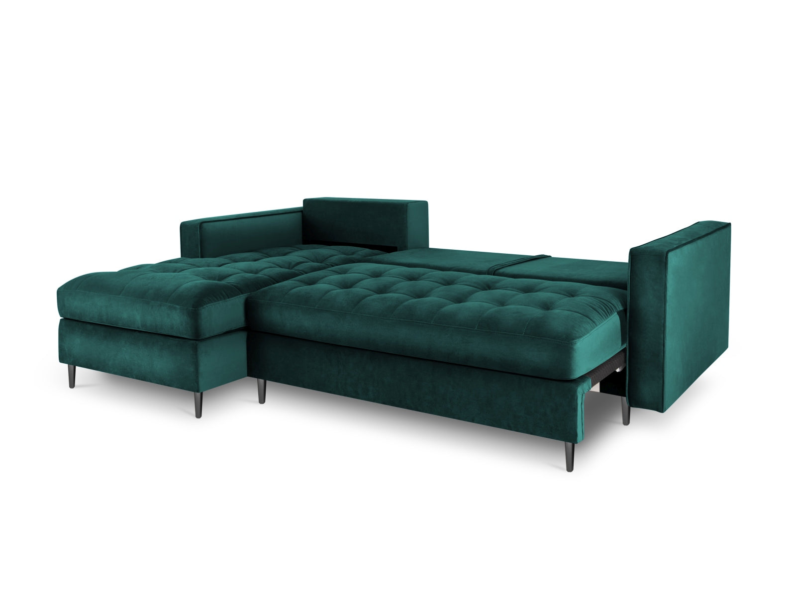 Modernes 5-Sitzer Ecksofa links Aspen in stilvollem Petrol, ideal für Entspannung und Übernachtungsgäste mit praktischem Stauraum.
