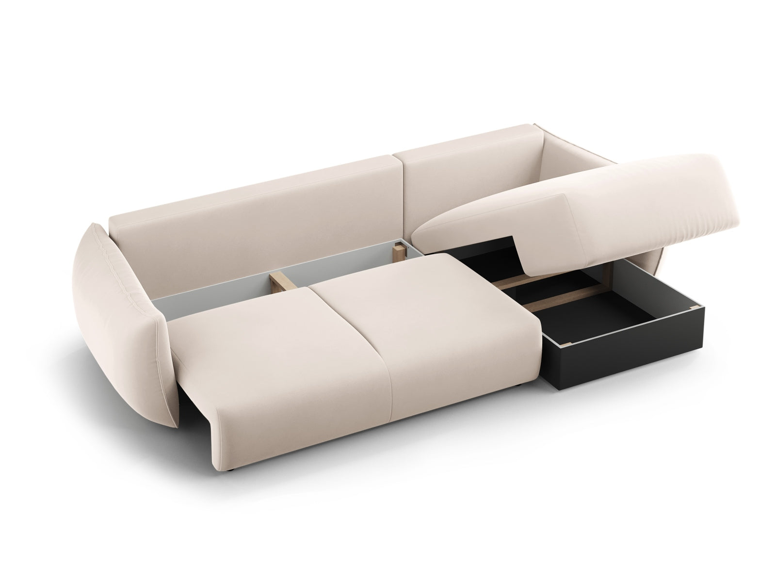 Beige 4-Sitzer Ecksofa Matera mit linksseitiger Schlaffunktion und integriertem Stauraum, ideal für moderne und gemütliche Wohnbereiche.